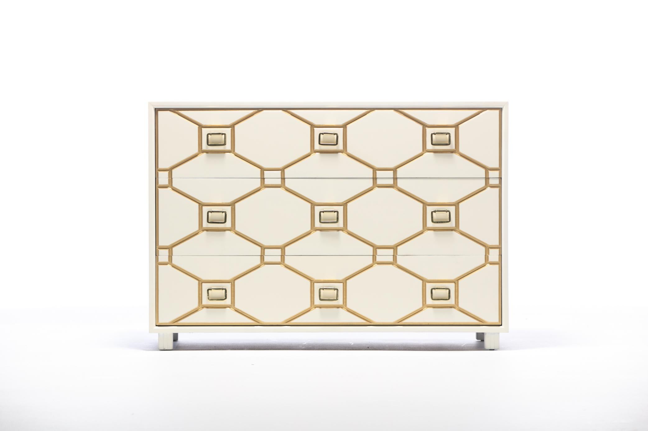 Brass Dorothy Draper Viennese Collection Ivory Chest with Gold Incised Drawers For Sale