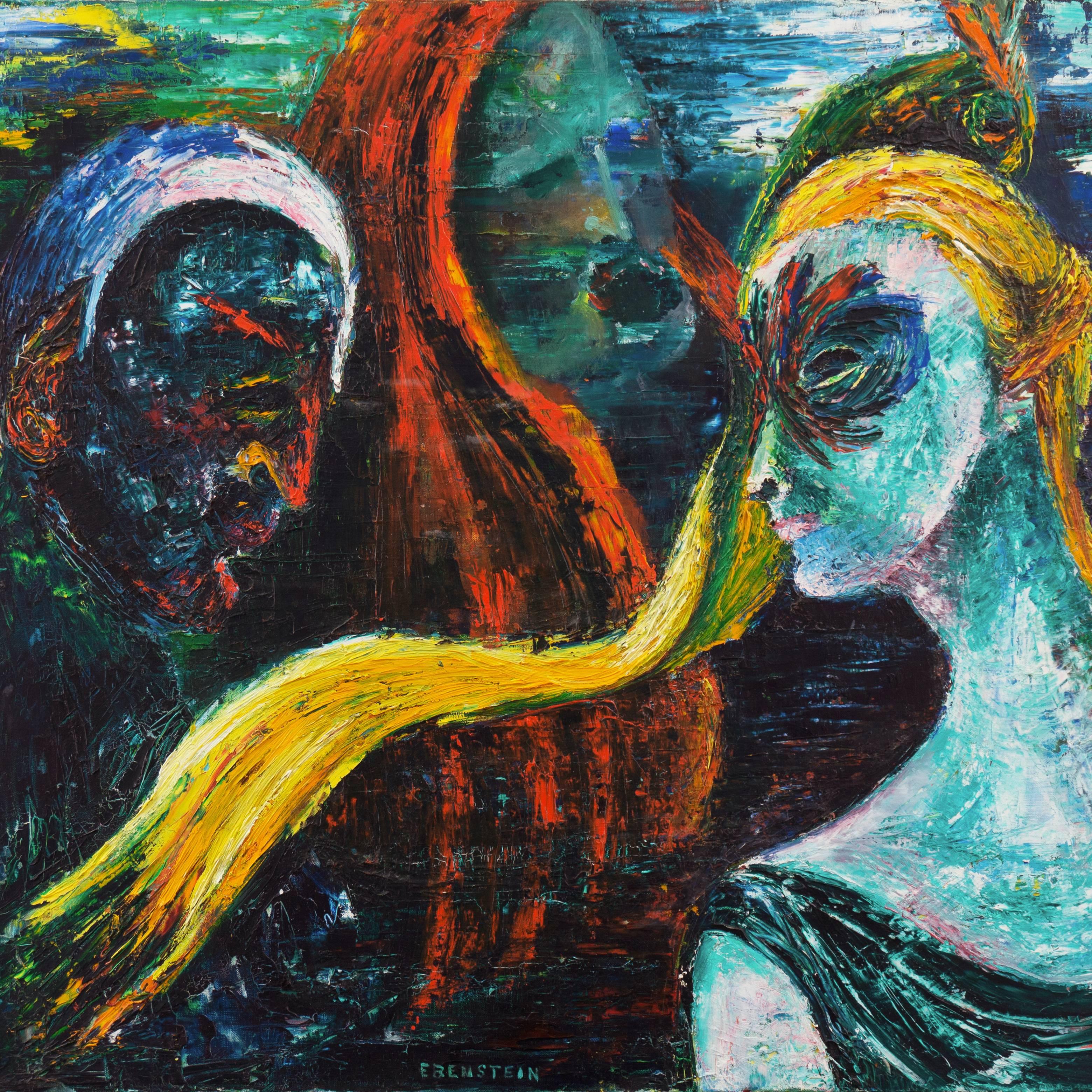 « carnaval figures », huile exposée à New York, artiste femme du milieu du siècle dernier, théâtre - Noir Figurative Painting par Dorothy Ebenstein