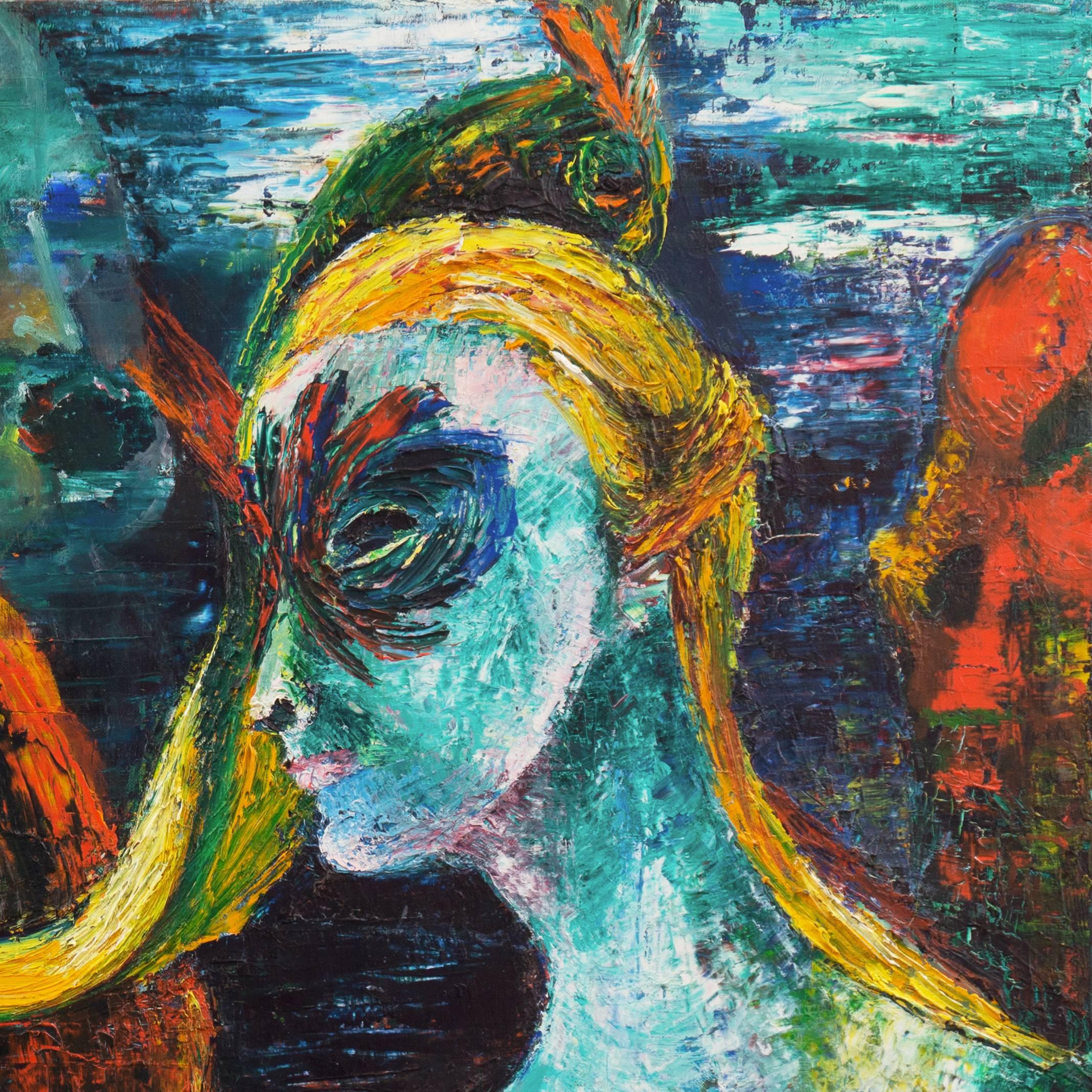 « carnaval figures », huile exposée à New York, artiste femme du milieu du siècle dernier, théâtre en vente 2