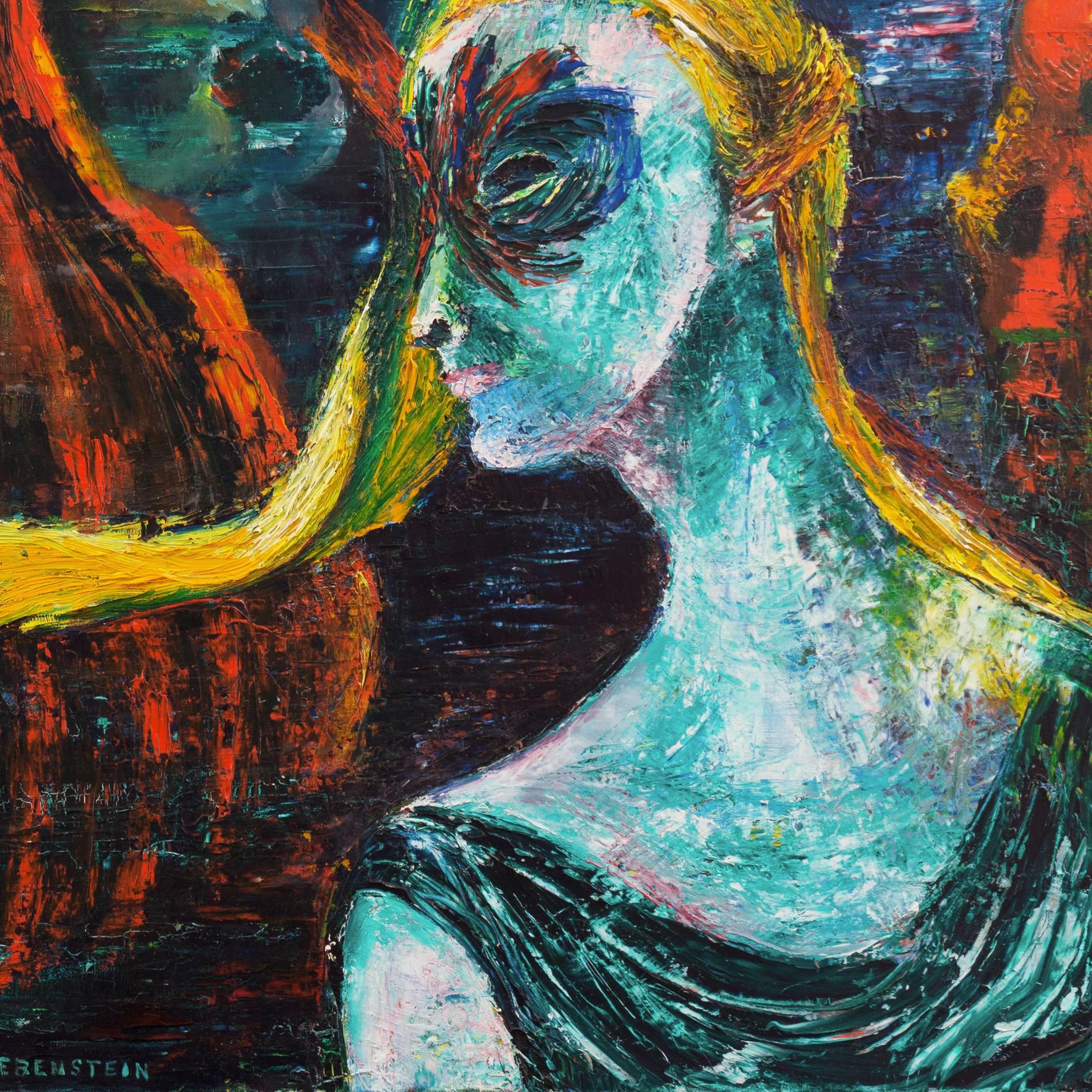 « carnaval figures », huile exposée à New York, artiste femme du milieu du siècle dernier, théâtre en vente 3