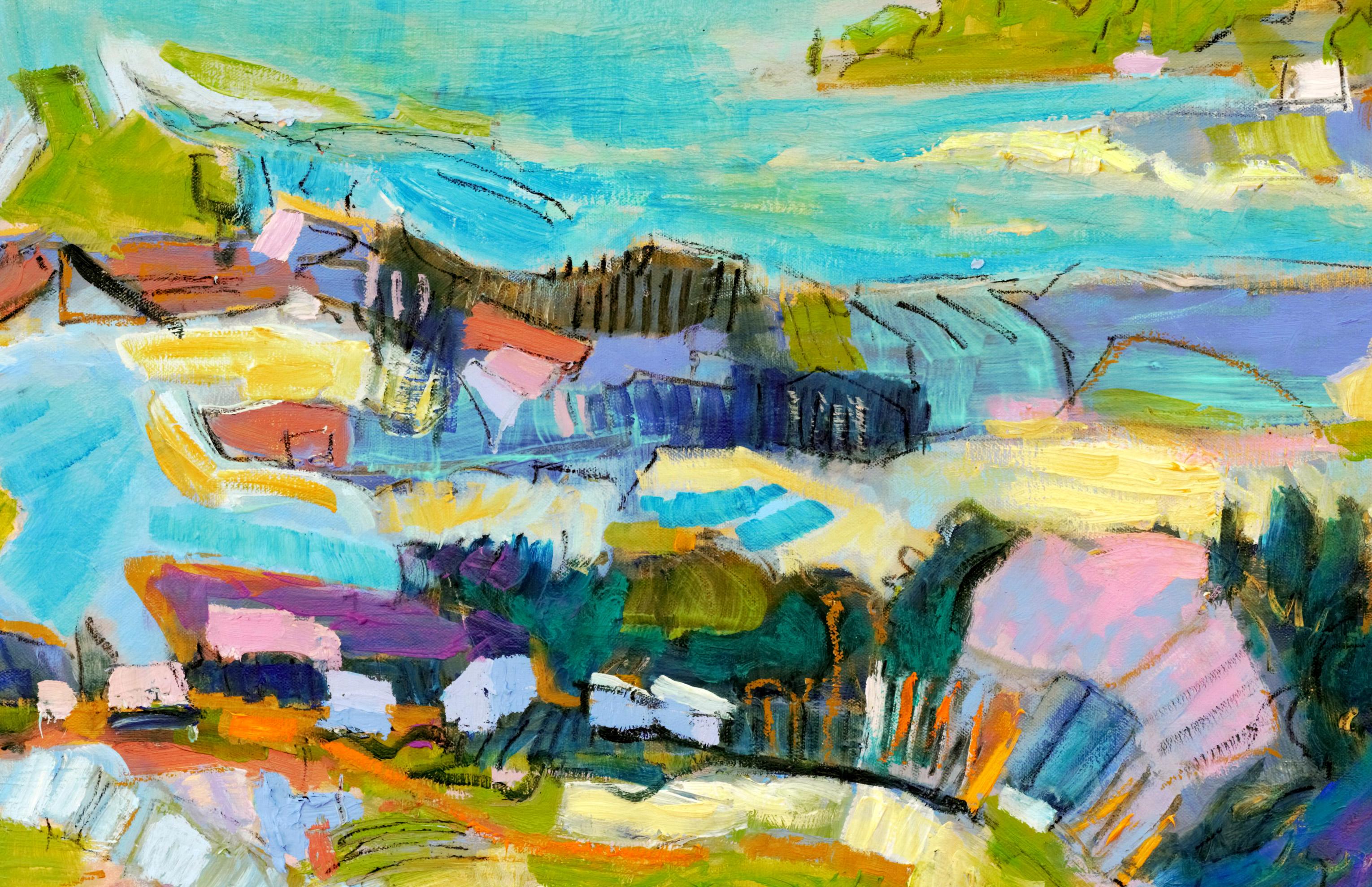 Paradise I – Abstraktes, skurriles Landschaftsgemälde, Ölgemälde – Painting von Dorothy Fagan