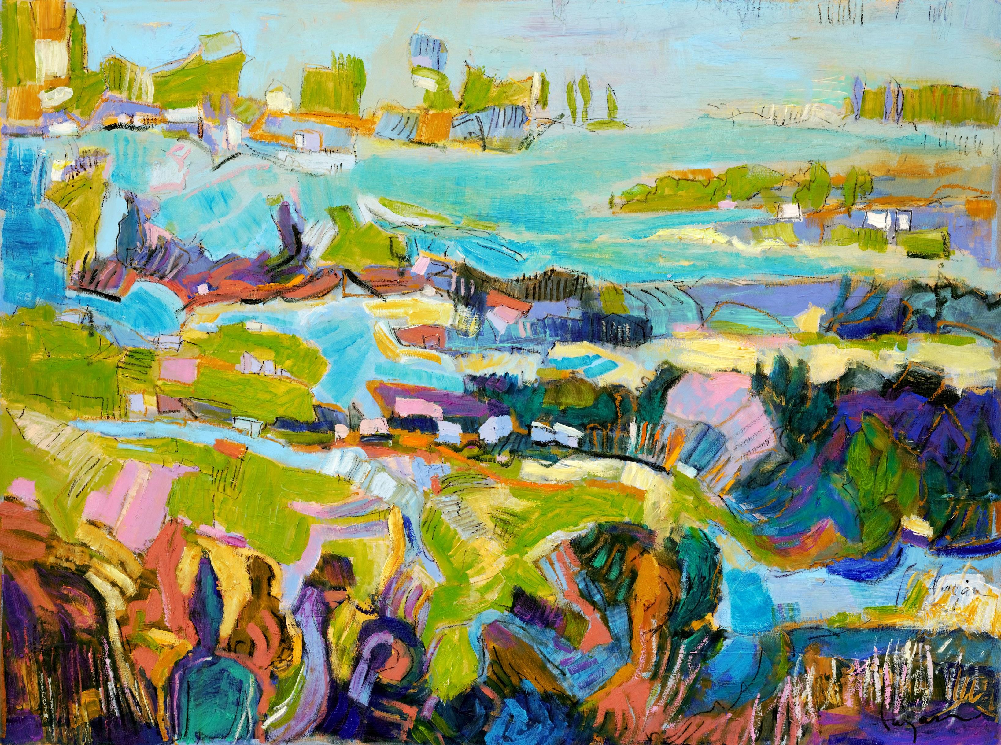 Dorothy Fagan Landscape Painting – Paradise I – Abstraktes, skurriles Landschaftsgemälde, Ölgemälde