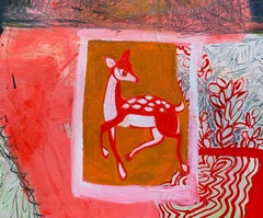 Pittura a olio contemporanea astratta espressionista Cervo Animale Rosa Rosso Verde