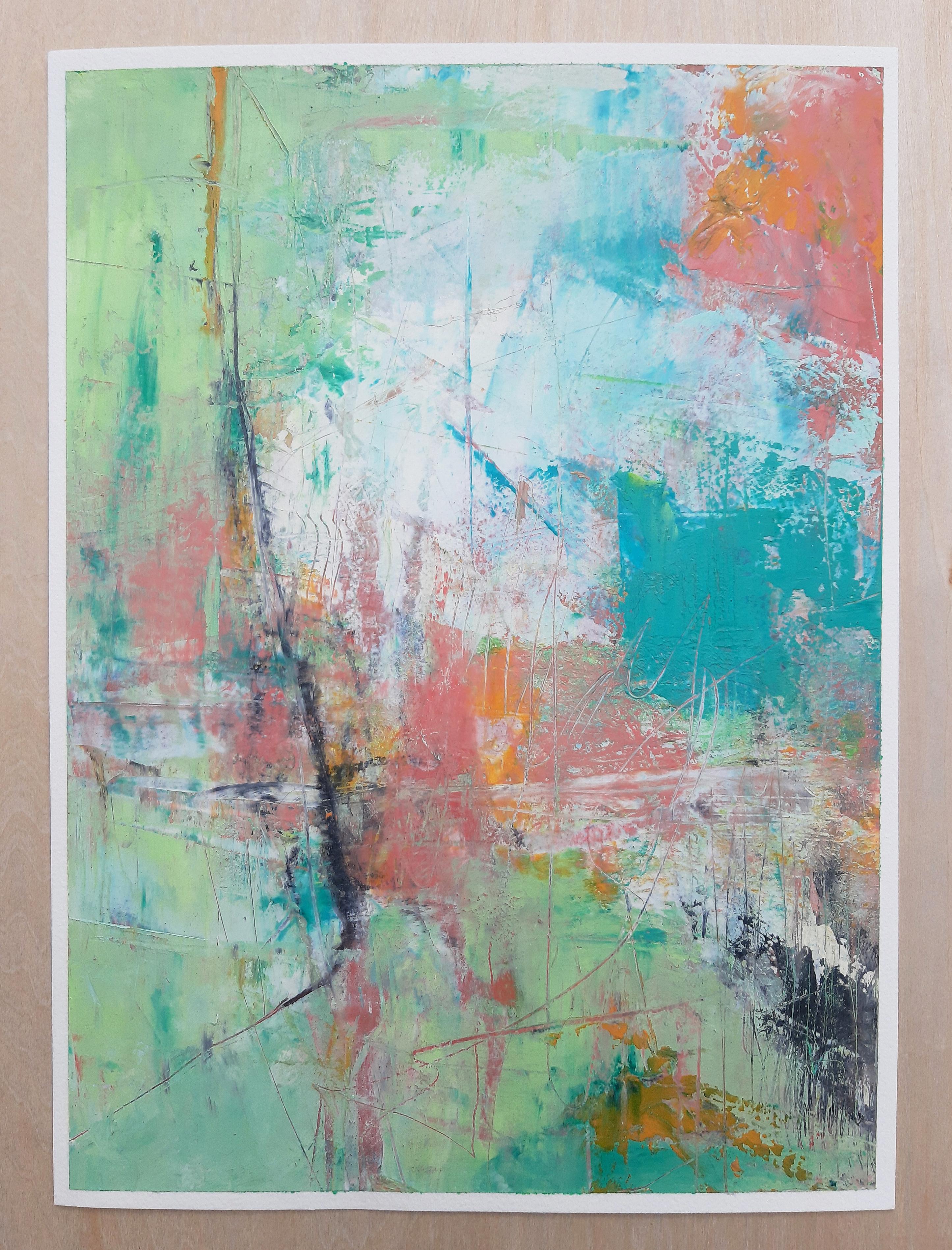 <p>Artist Comments<br>Layers of colors and gestures define this abstract piece. Soft green, orange, and blue contrast with touches of black. Expressive scratches and marks bring texture and energy to the composition.</p><br/><p>About the