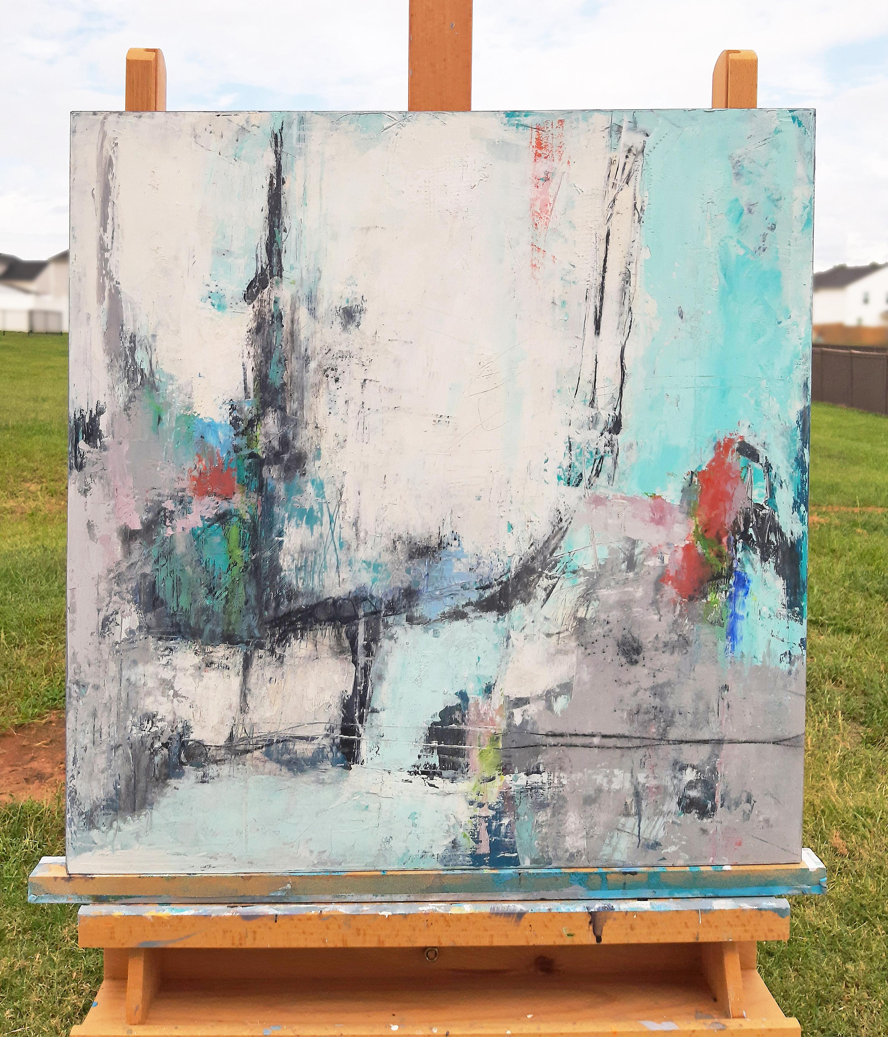 <p>Artist Comments<br>Patches of cream, turquoise, and grey fill this abstract painting. Blue and orange accents, along with black lines, create contrast. Scratches and marks bring depth and add a visual texture to the piece.</p><br/><p>About the
