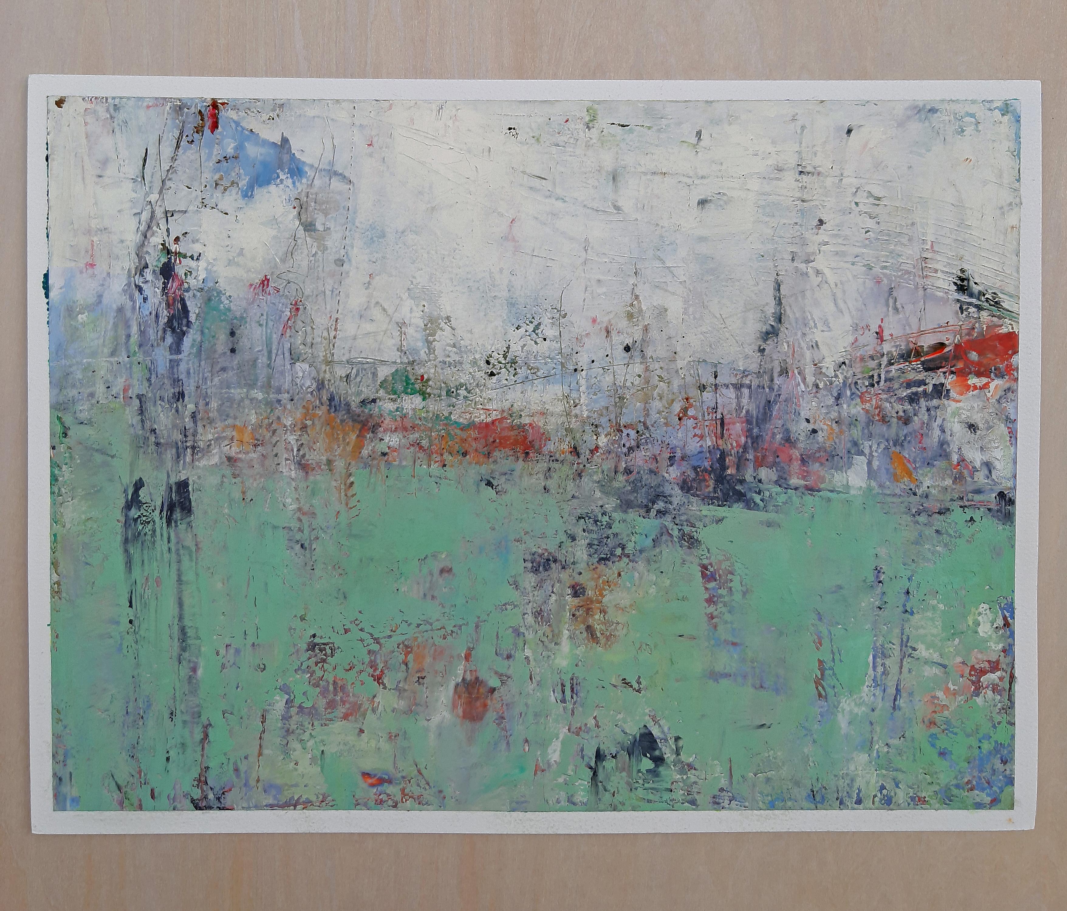 Abstract Landscape - Field of Green, Abstract Oil Painting - Gray Landscape Painting by Dorothy Gaziano