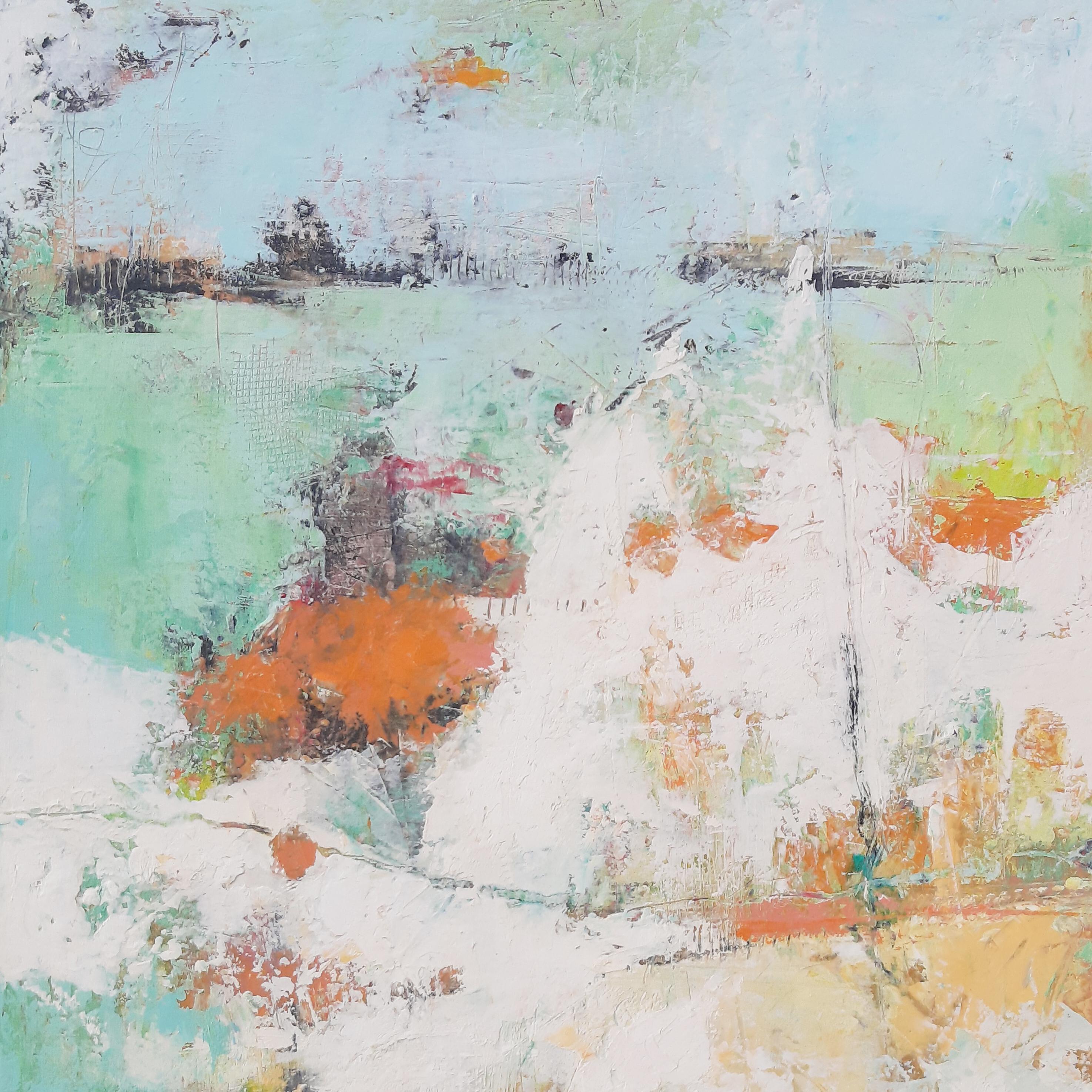 Couverture nuageuse sur une journée autrement ensoleillée, peinture à l'huile abstraite - Gris Landscape Painting par Dorothy Gaziano