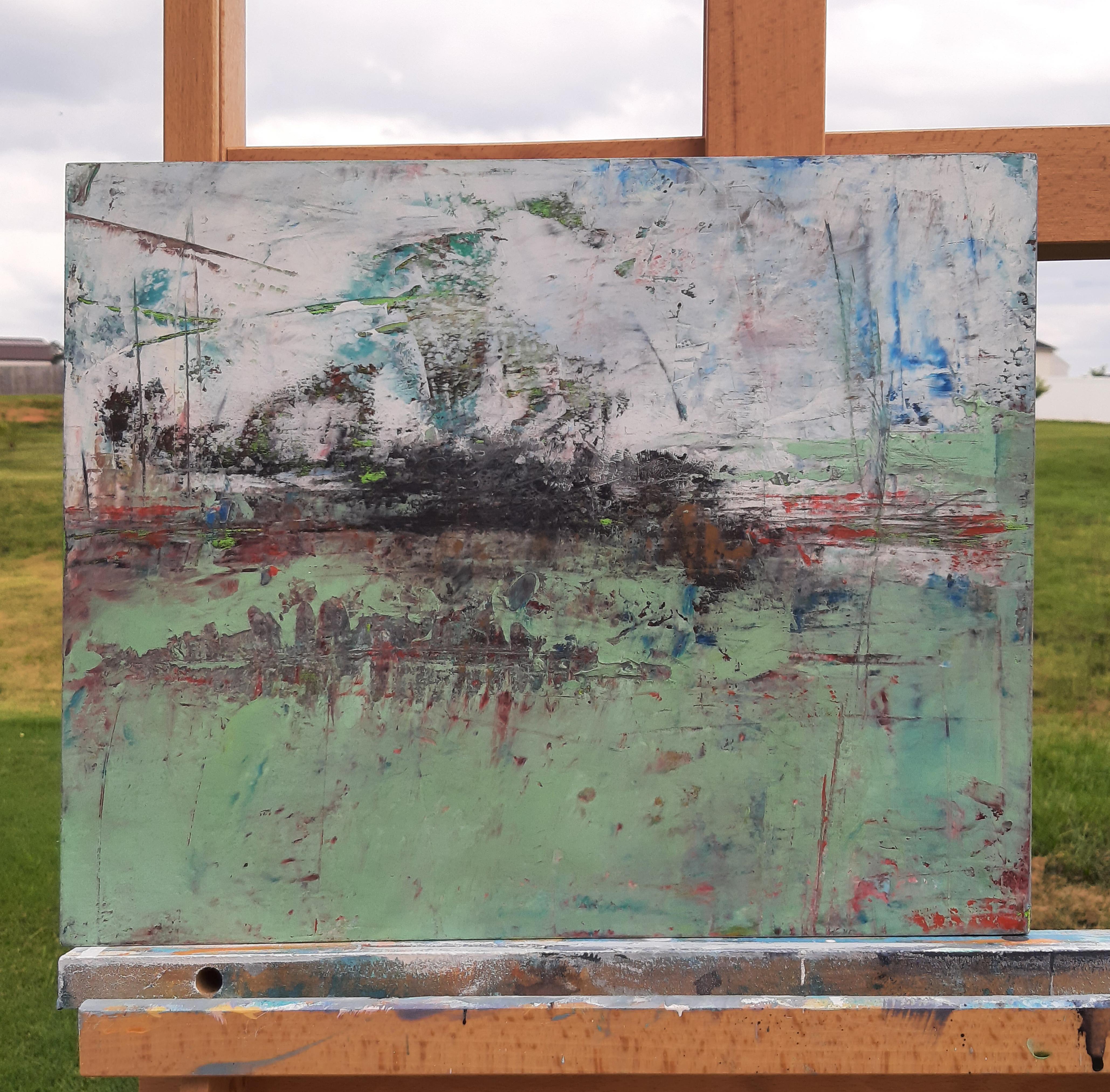 In the Distance, Abstraktes Ölgemälde (Grau), Abstract Painting, von Dorothy Gaziano