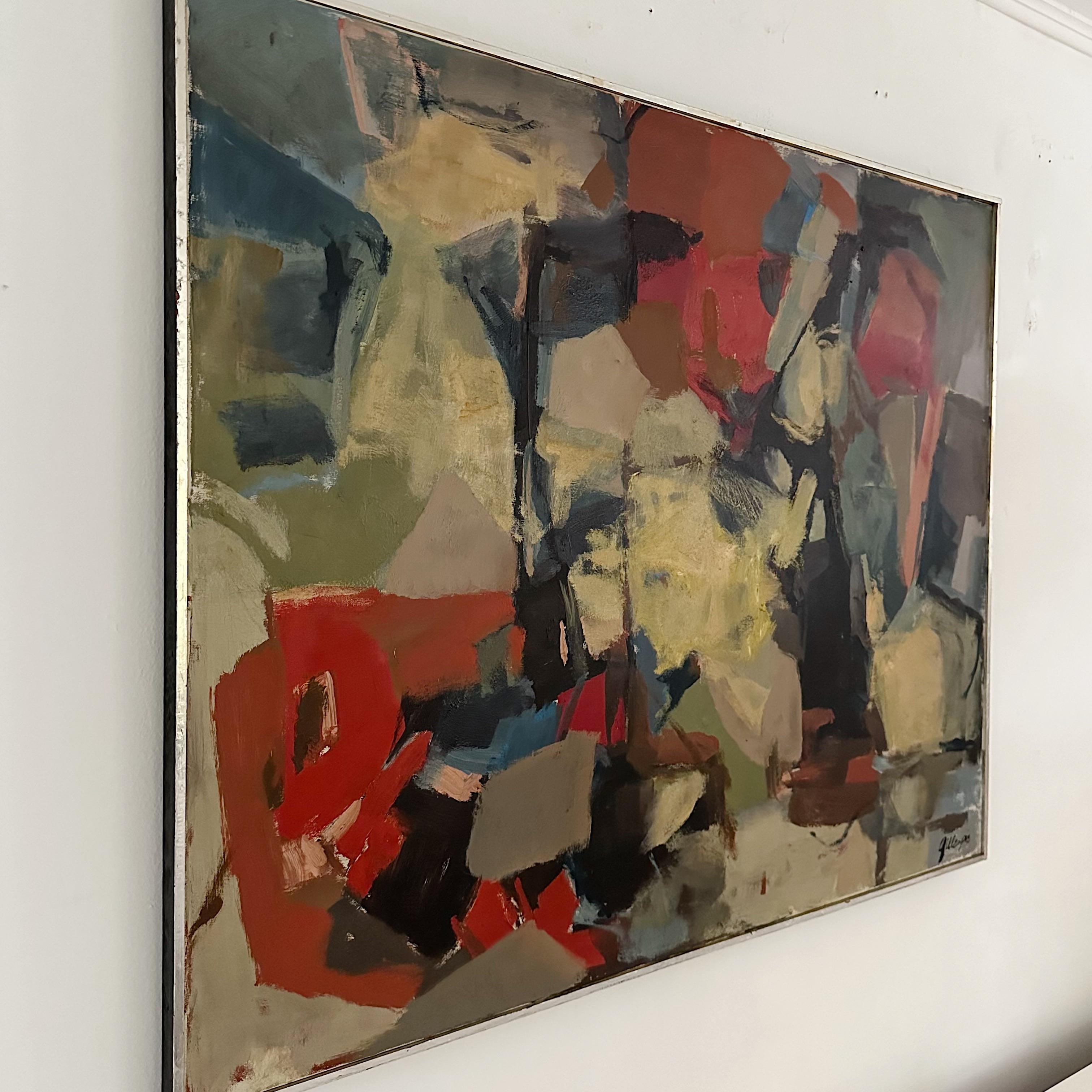 Vibrant and captivating abstract oil on canvas artwork by Dorothy Gillespie, an esteemed American painter and sculptor. Created in 1961, this colorful piece is framed in a silver leaf frame, adding a touch of elegance to its presentation. The
