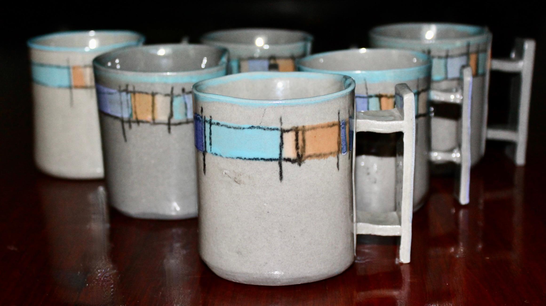 Rare Dorothy Hafner early (1977) set of 6 gray ceramic mugs hand-crafted by this important designer/maker..