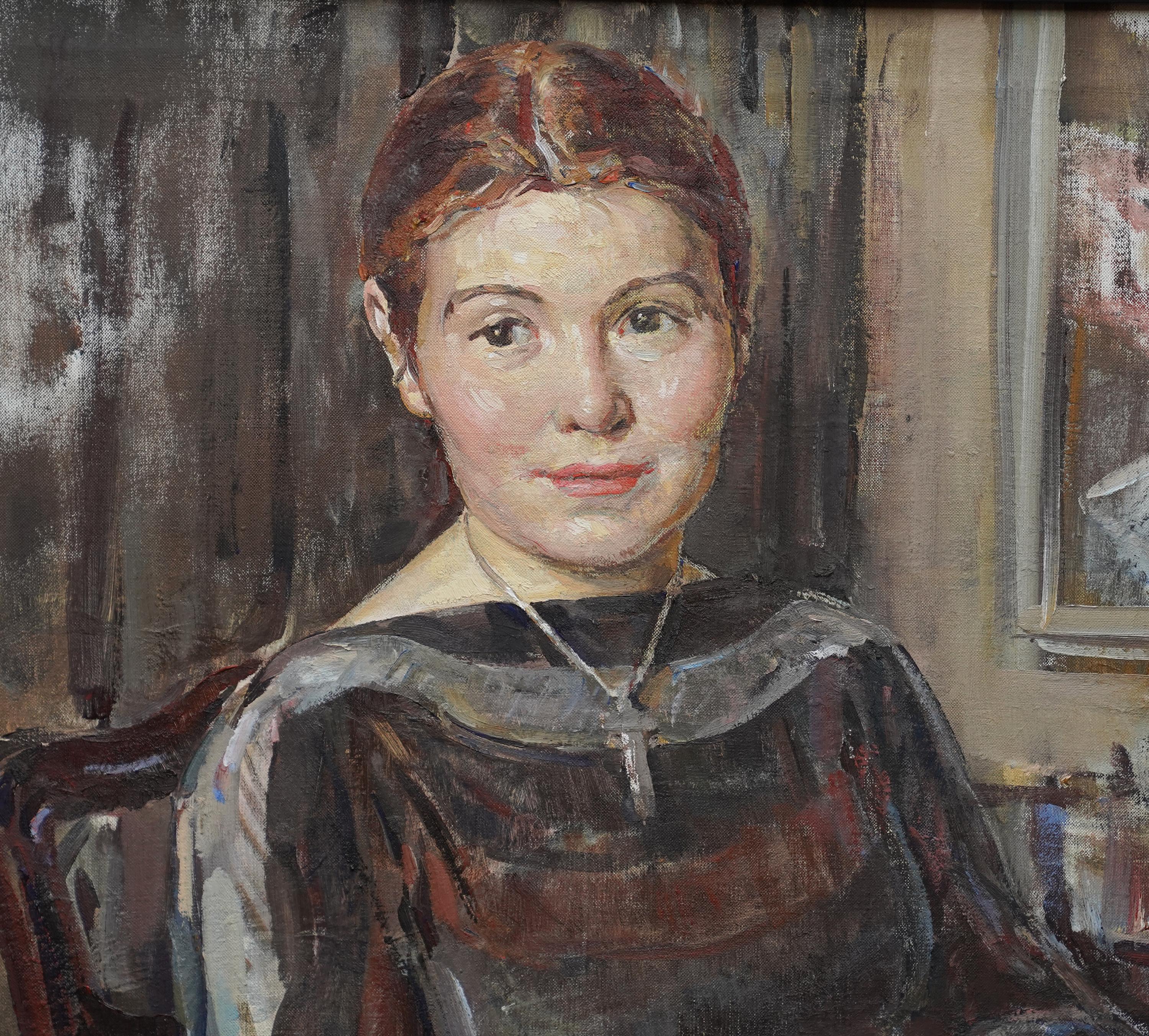 Porträt von Elspeth - Schottischer Impressionist 1950er Jahre Ausstellung Kunst Ölgemälde (Grau), Portrait Painting, von Dorothy Johnstone