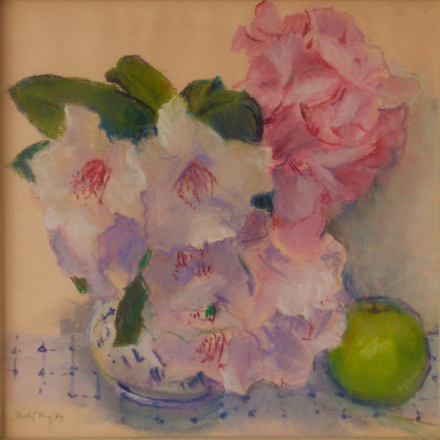 Dorothy King Still-Life Painting - Flowers & Apple Still Life