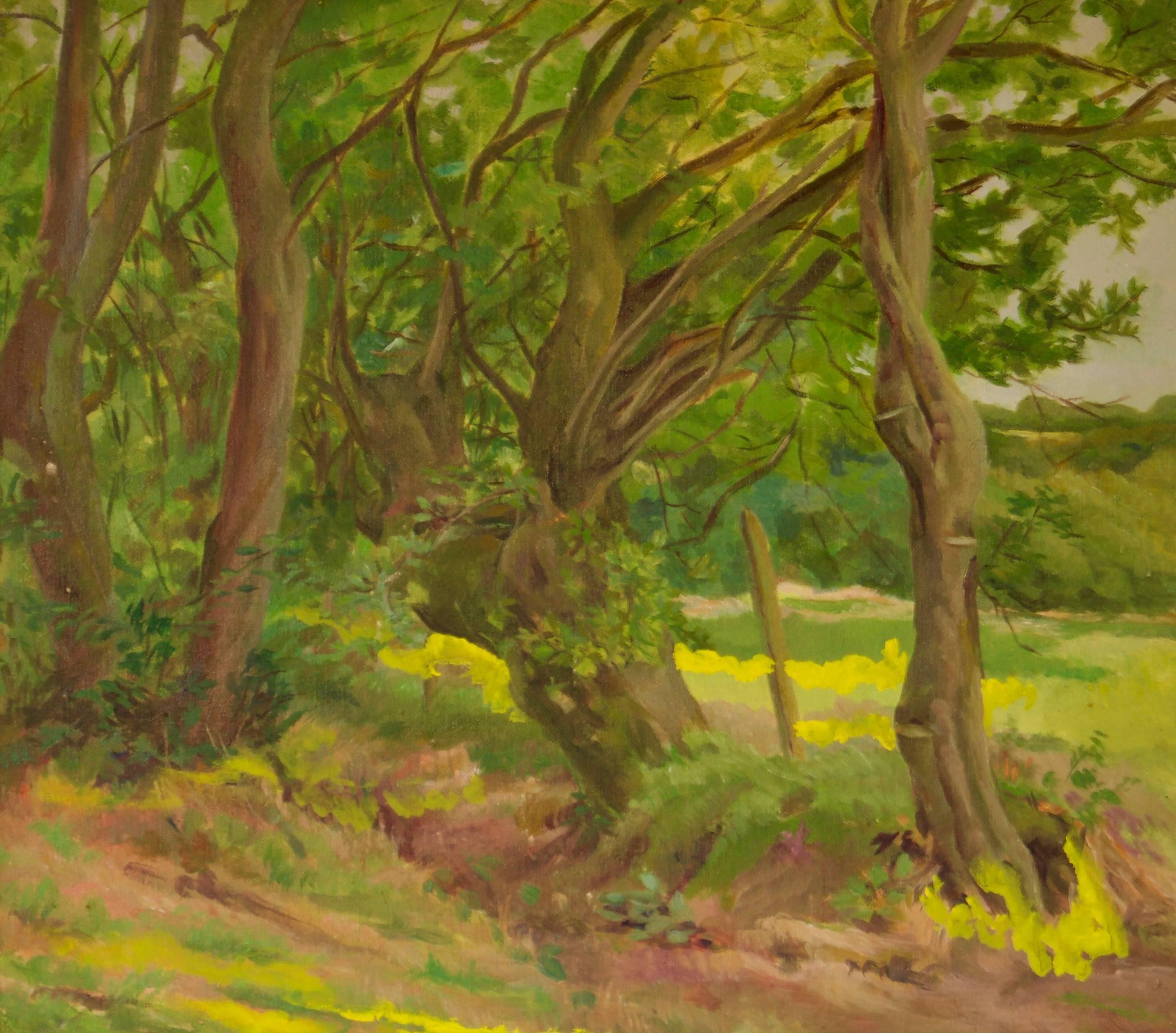 Into the Forest - Paysage à l'huile impressionniste du milieu du 20e siècle par Dorothy King en vente 1