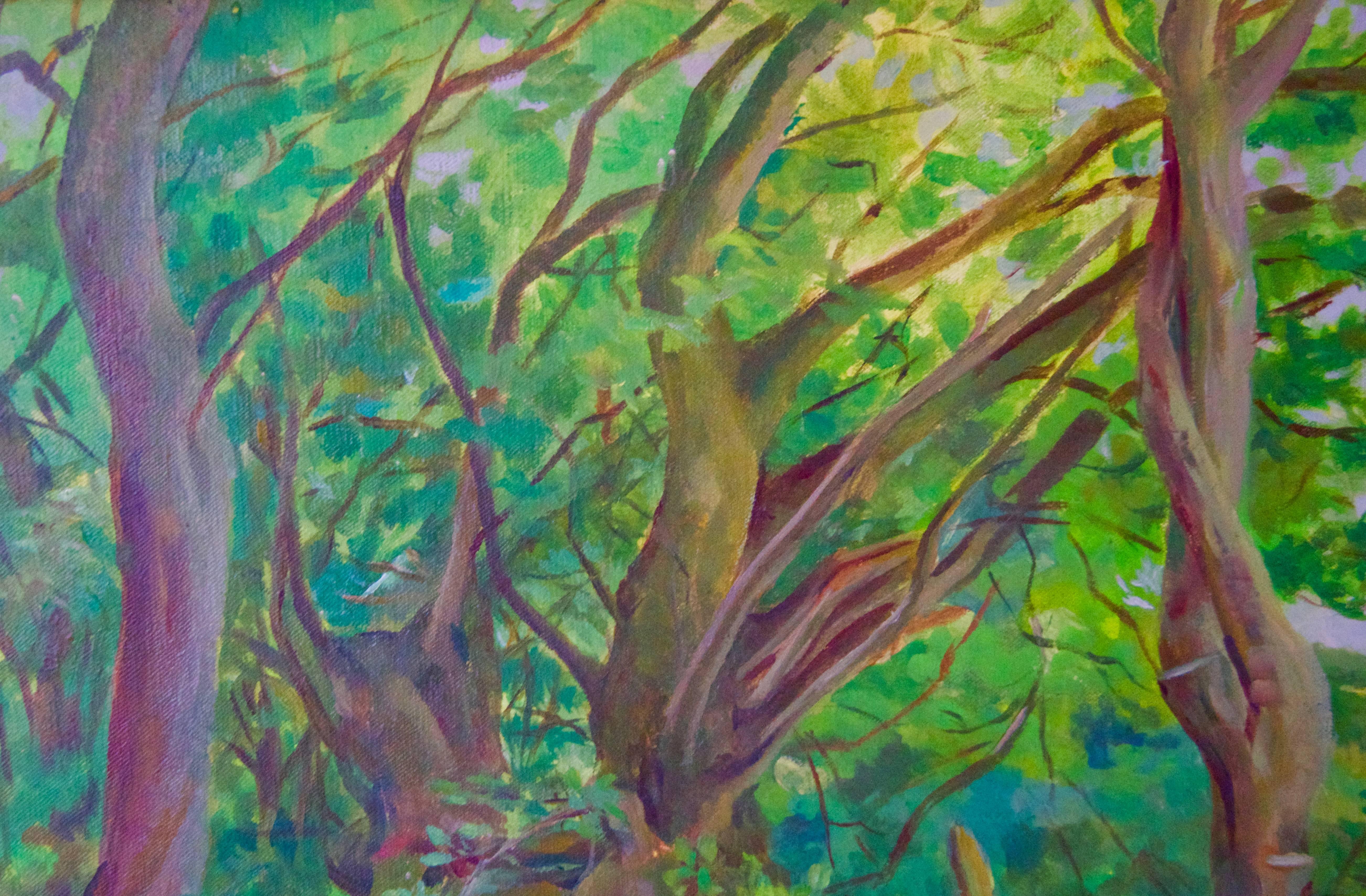 Into the Forest - Paysage à l'huile impressionniste du milieu du 20e siècle par Dorothy King en vente 2