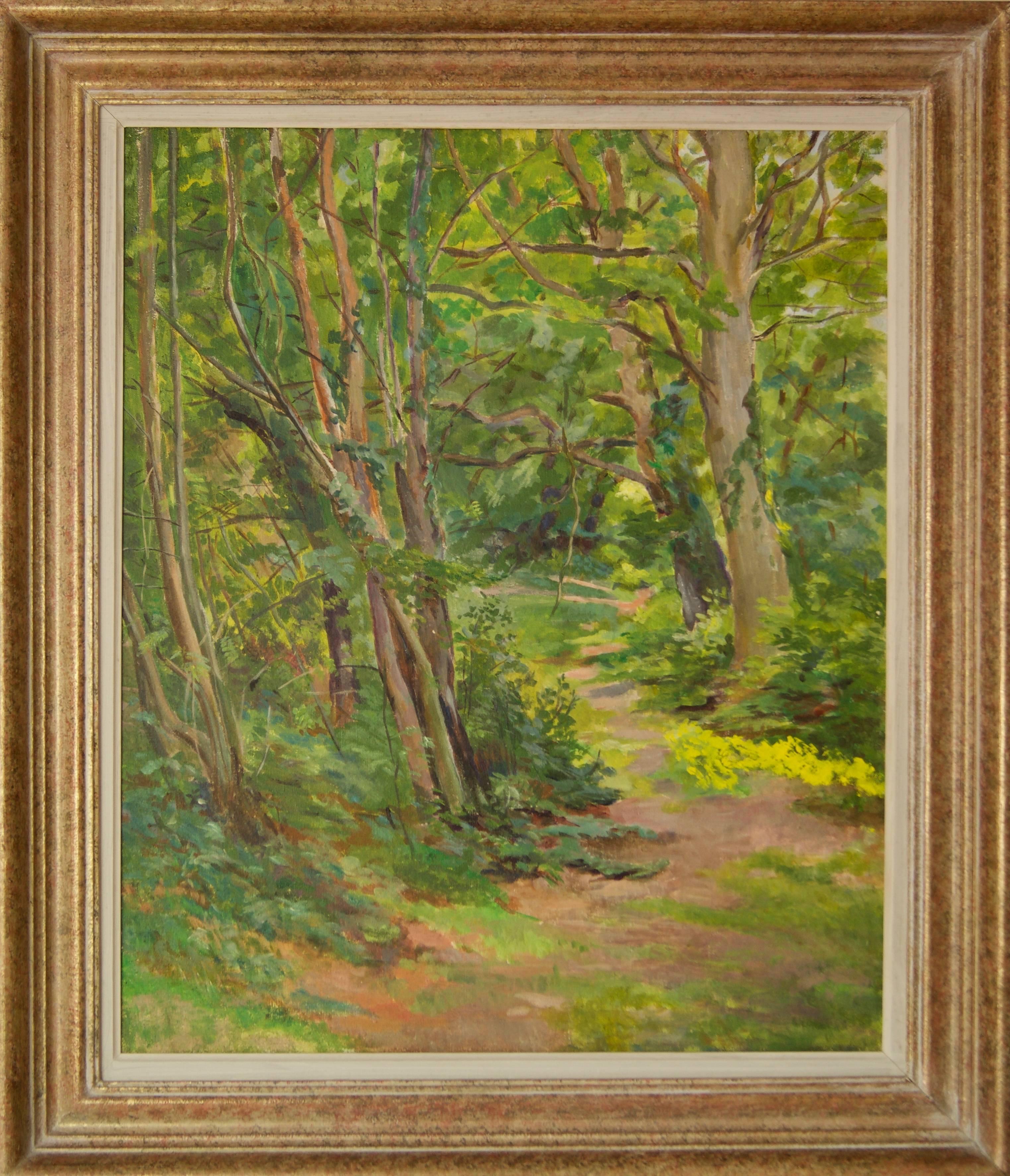 Paysage en bois Spring - Huile impressionniste du milieu du 20e siècle par Dorothy King en vente 1