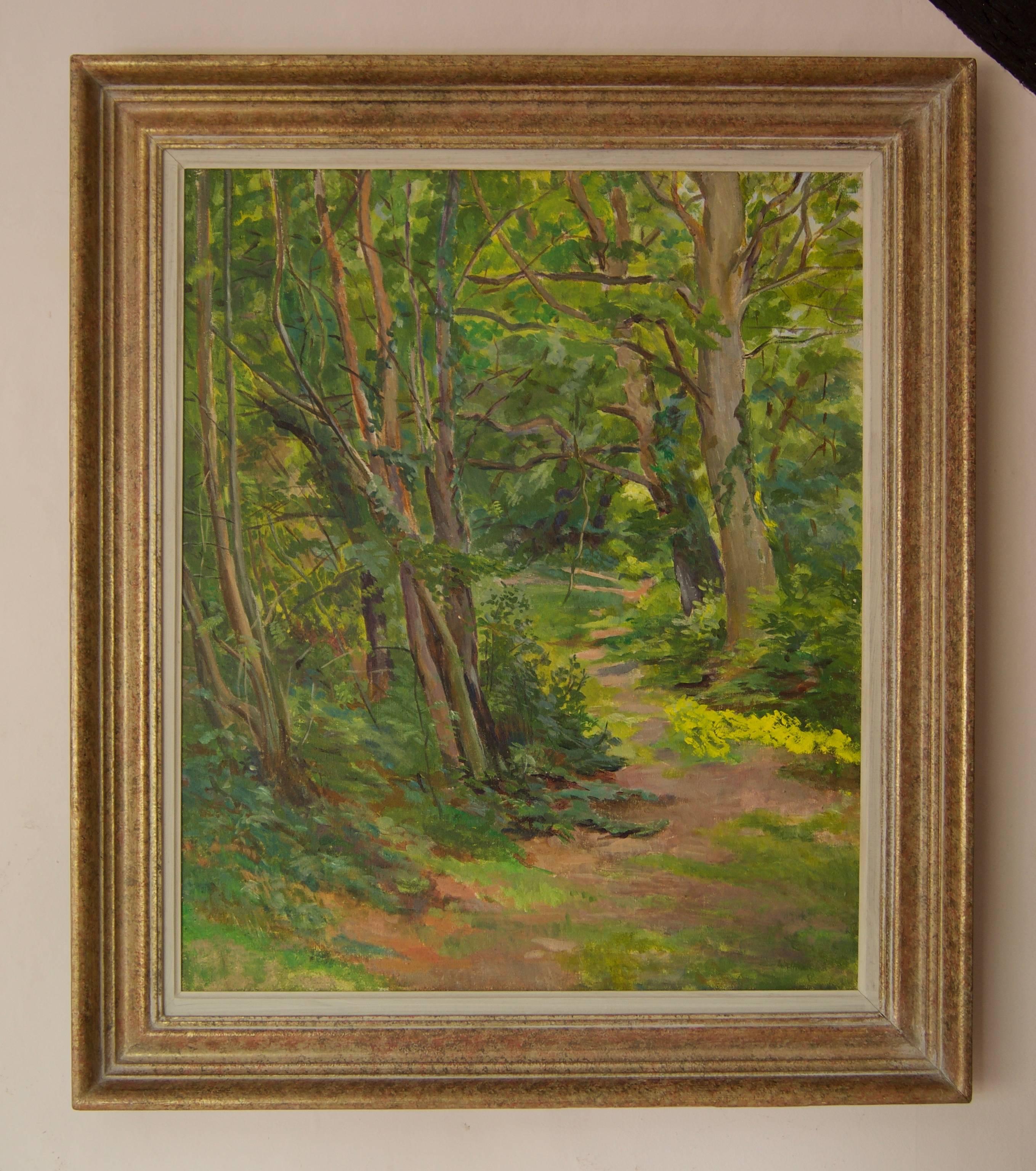 Paysage en bois Spring - Huile impressionniste du milieu du 20e siècle par Dorothy King en vente 2