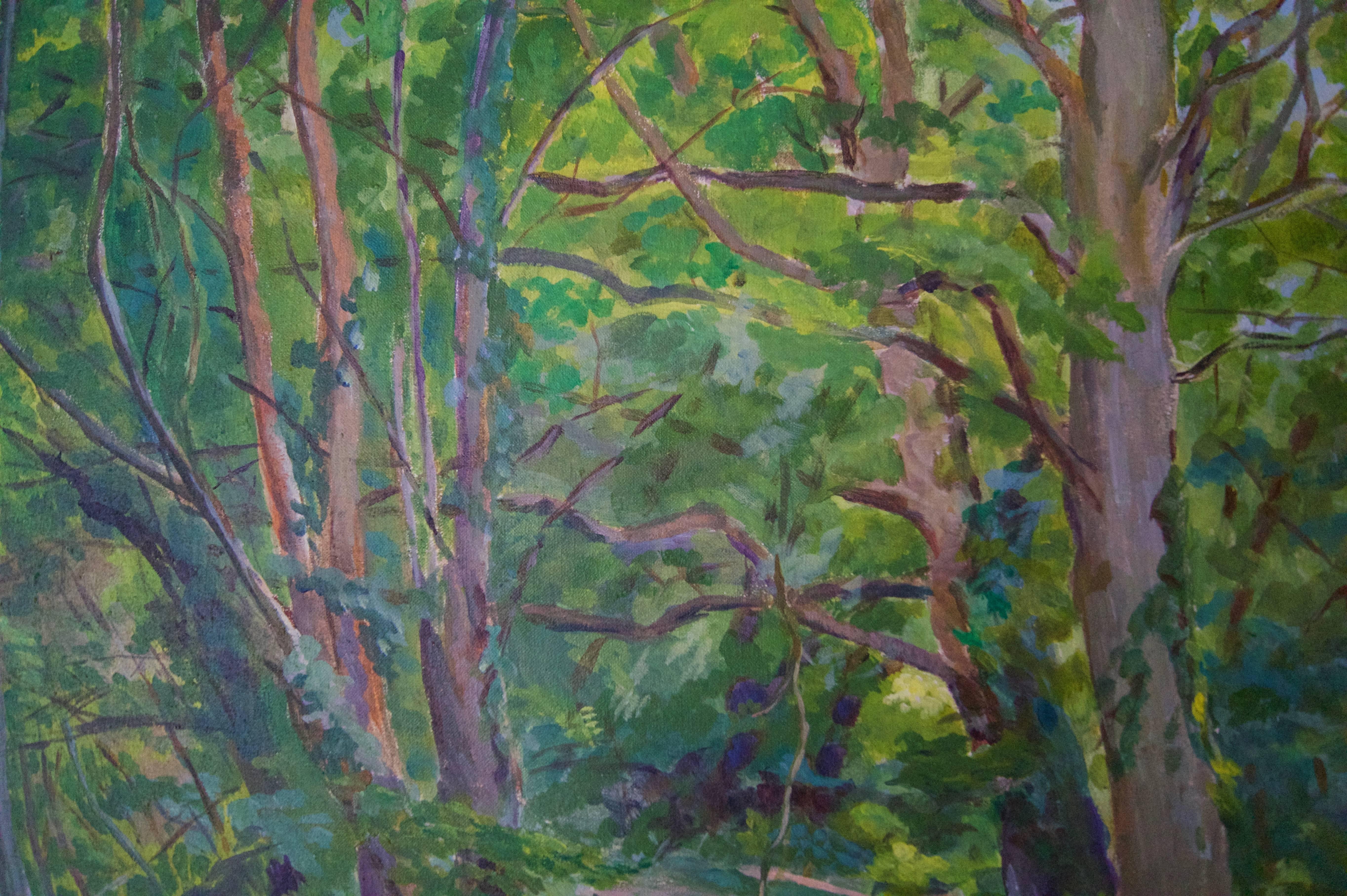 Paysage en bois Spring - Huile impressionniste du milieu du 20e siècle par Dorothy King en vente 3
