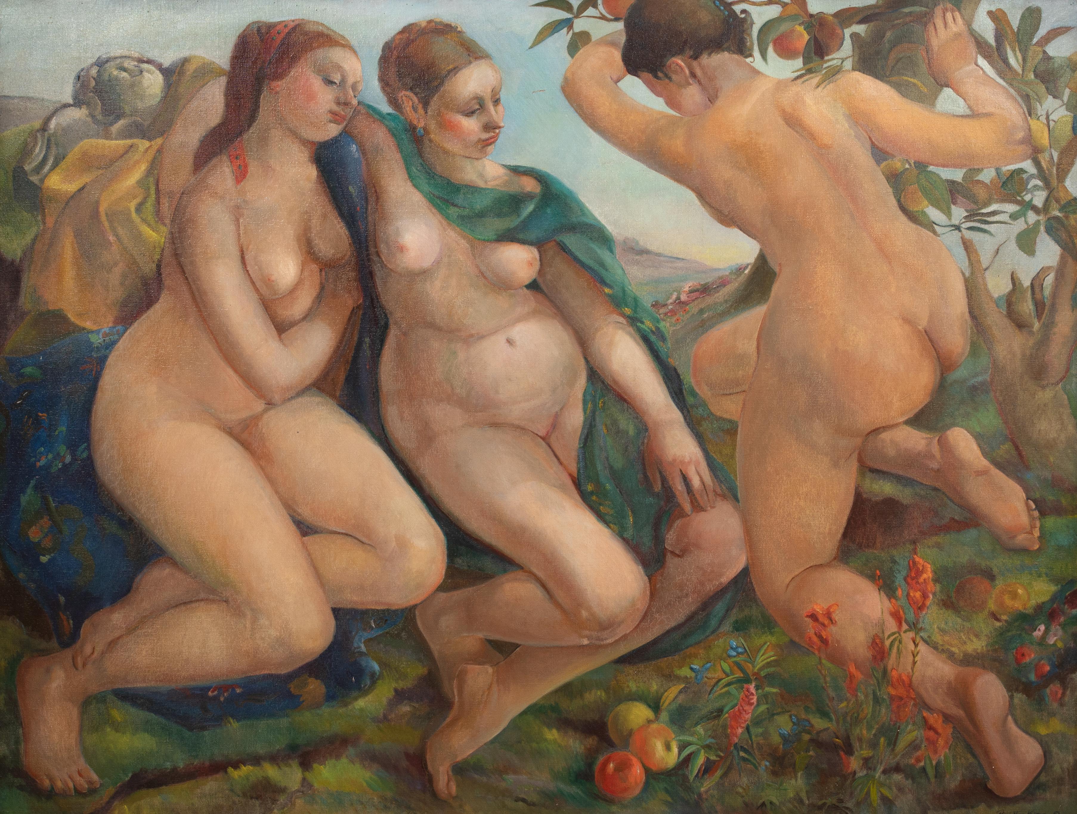 The Three Graces, dated 1957

by Dorothy KING RBA (1907-1990)

Large 20th Century depiction of the Three Graces nude by an apple tree, oil on canvas by Dorothy King. Superb post impressionist nude figural classical scene in excellent condition