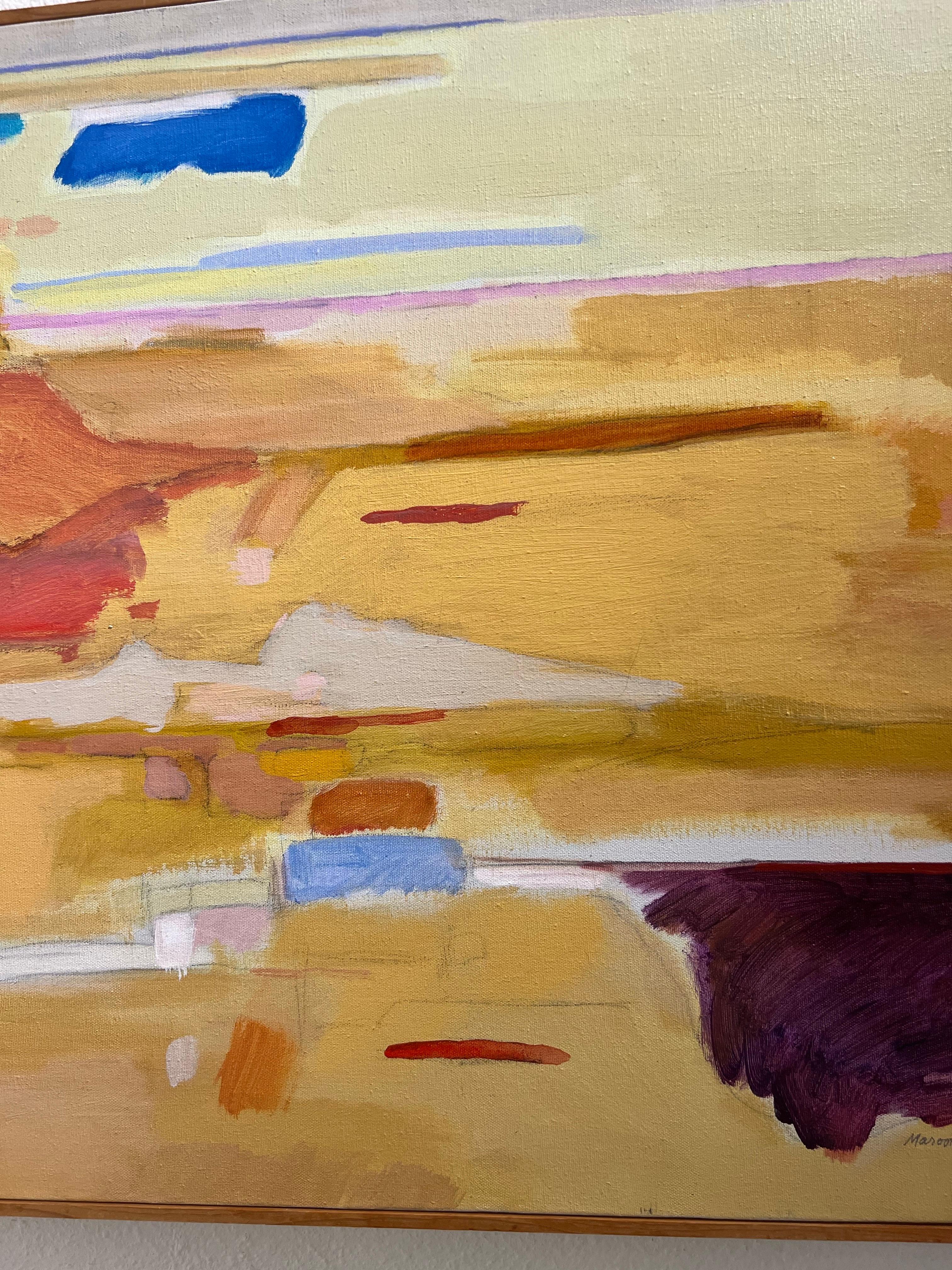 Canyon Composition di Dorothy Marootian cattura l'aspra bellezza e il calore dei paesaggi dei canyon attraverso una composizione astratta dai toni ricchi e terrosi. Strati di rossi profondi, arancioni bruciati e tonalità naturali della terra si