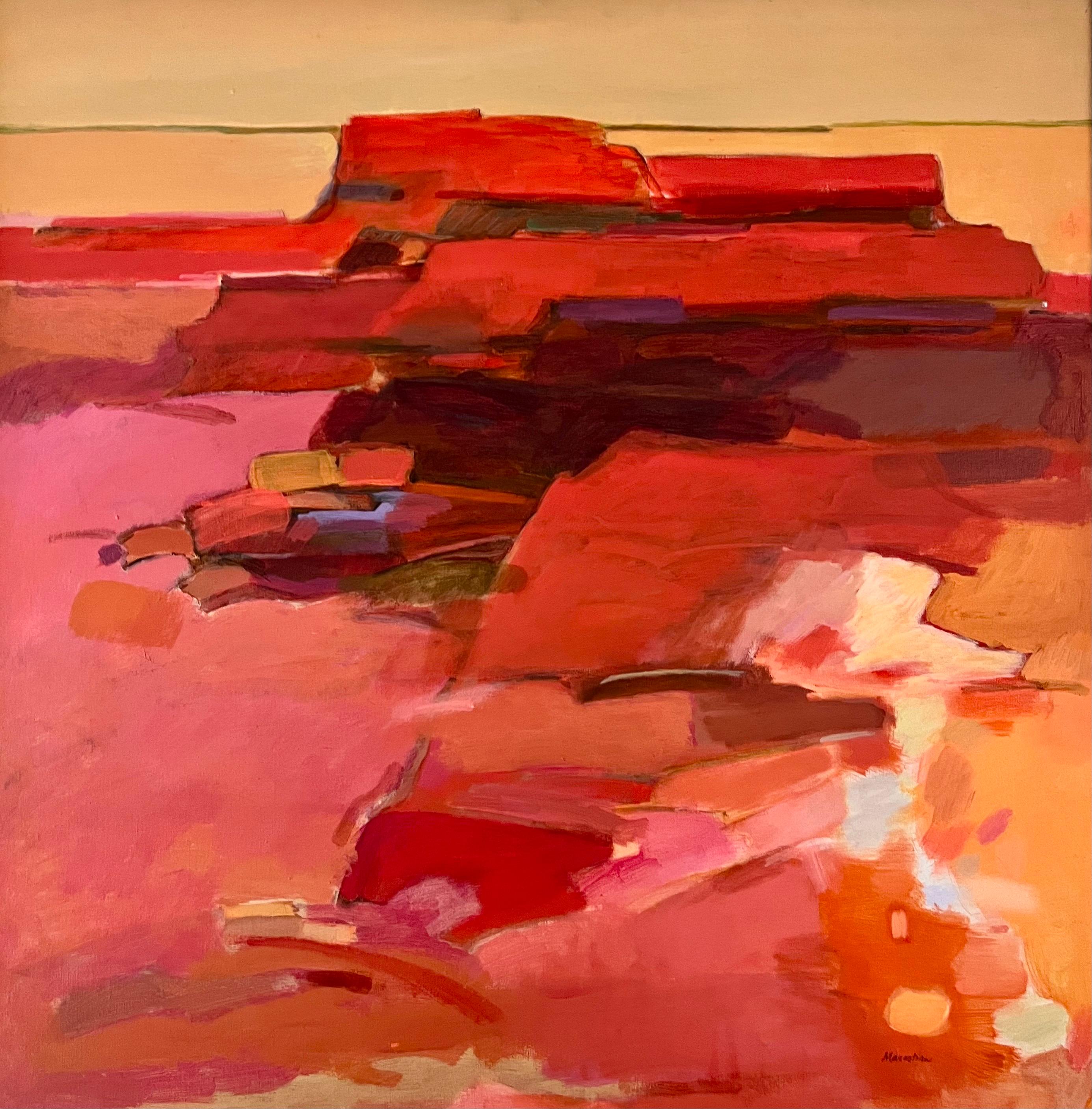 Presso la strada del Canyon, Hoarse Canyon 36x36 - Abstract Painting Rosso di Dorothy Marootian