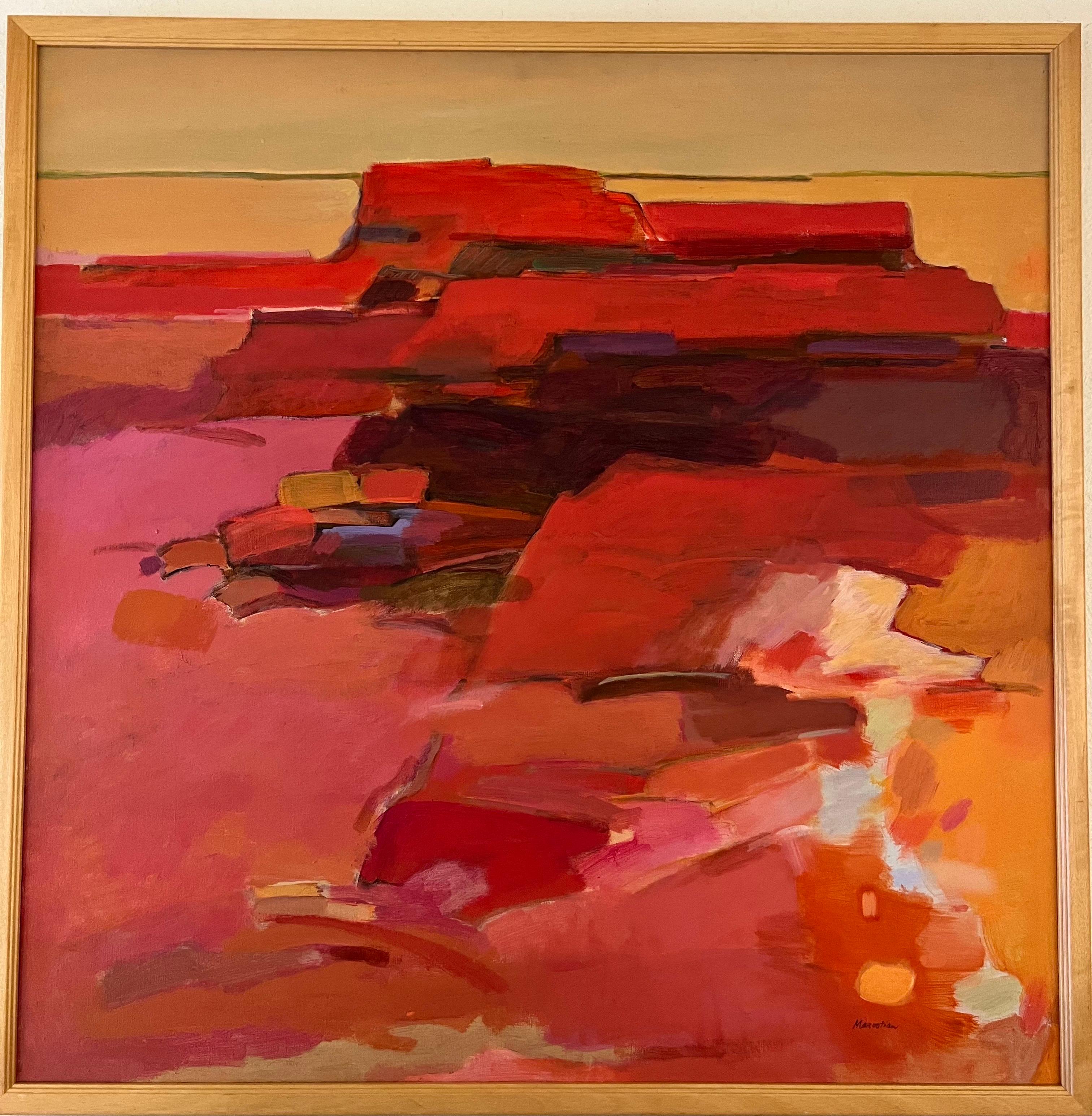 Le dimensioni della tela, senza cornice, sono 36x36 pollici, olio su tela. 
Dorothy Marootian (1921-2015) è stata una pittrice americana nota per i suoi vibranti paesaggi e le sue opere astratte, spesso ispirate a scene naturali come canyon, deserti