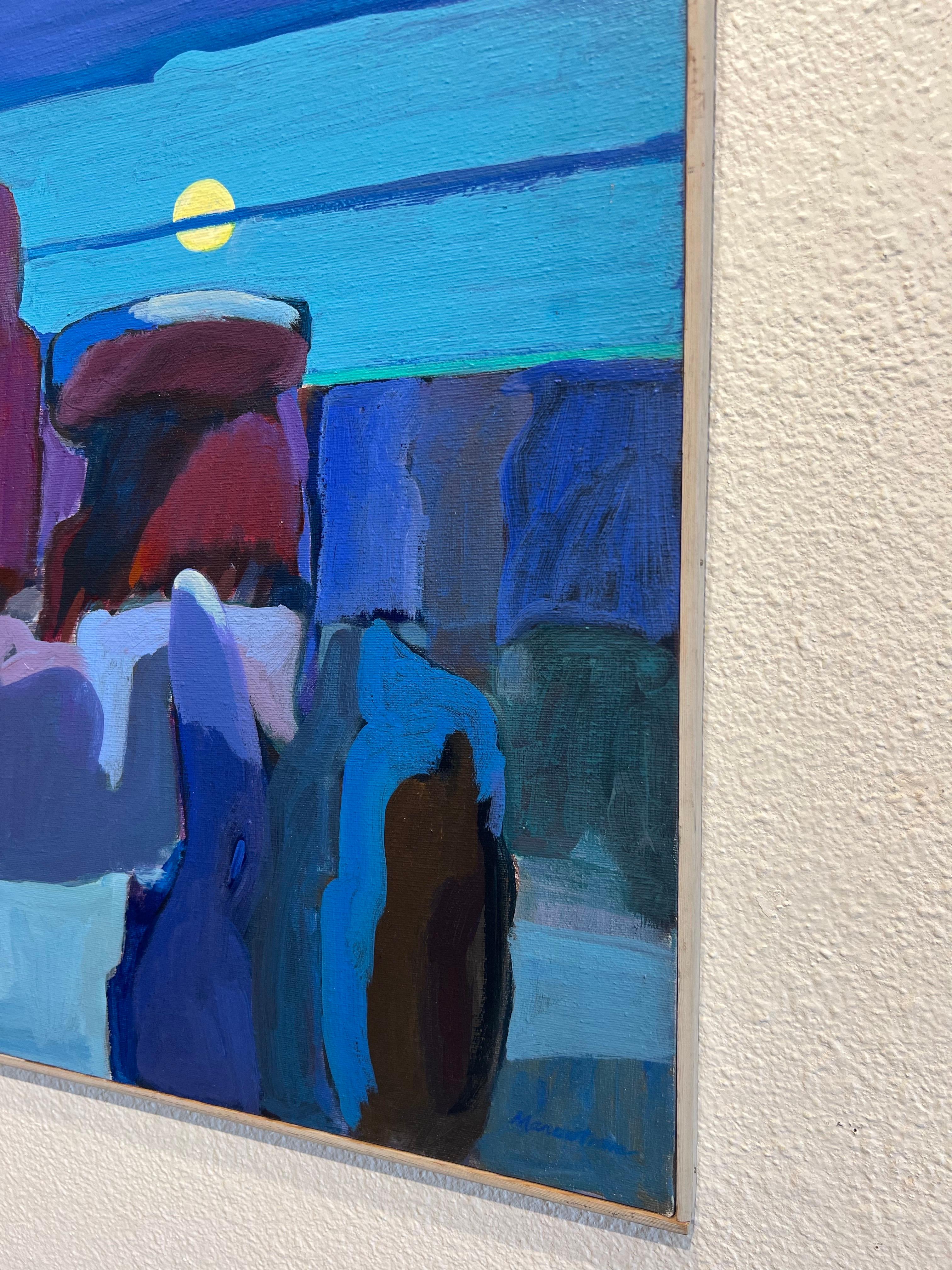 L'opera impressionista astratta su tela di Dorothy Marootian, intitolata Night Walk on the Canyon Road, è una firma che riflette le sue pennellate audaci. I toni dominanti del blu si fondono perfettamente con tocchi di viola, creando una