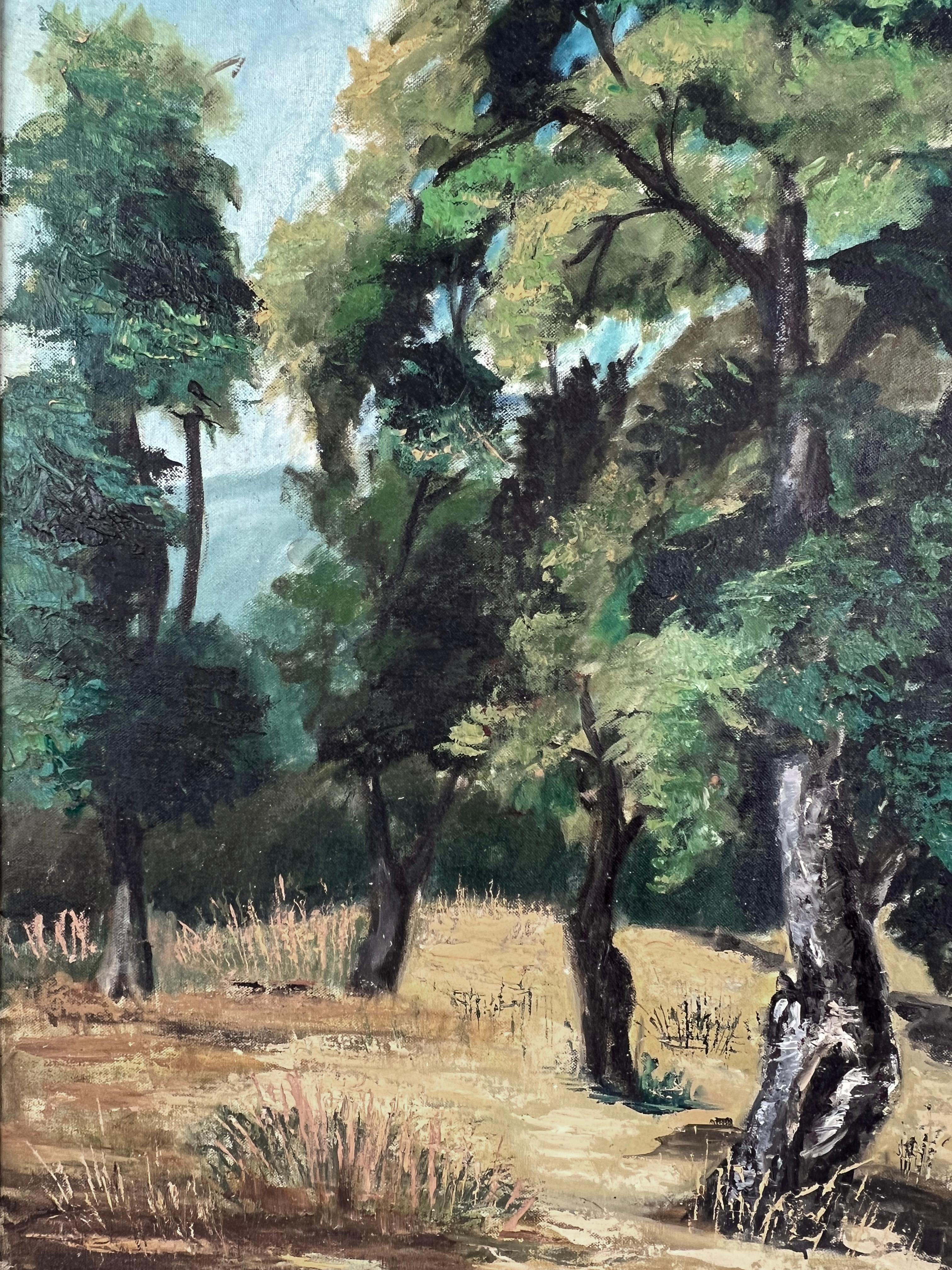 Boschi e colline d'estate Santa Cruz County California
Dipinto a olio su tavola illustrata di Summer in Santa Cruz County di Dorothy R. Mayer (americana, 1898-1995). Membro ed espositore della Santa Cruz Art League. Ha studiato arte al Cincinnati