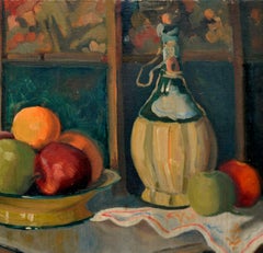 Mid Century Still Life Painting, Fruit and Wine Jug, Signed 1948