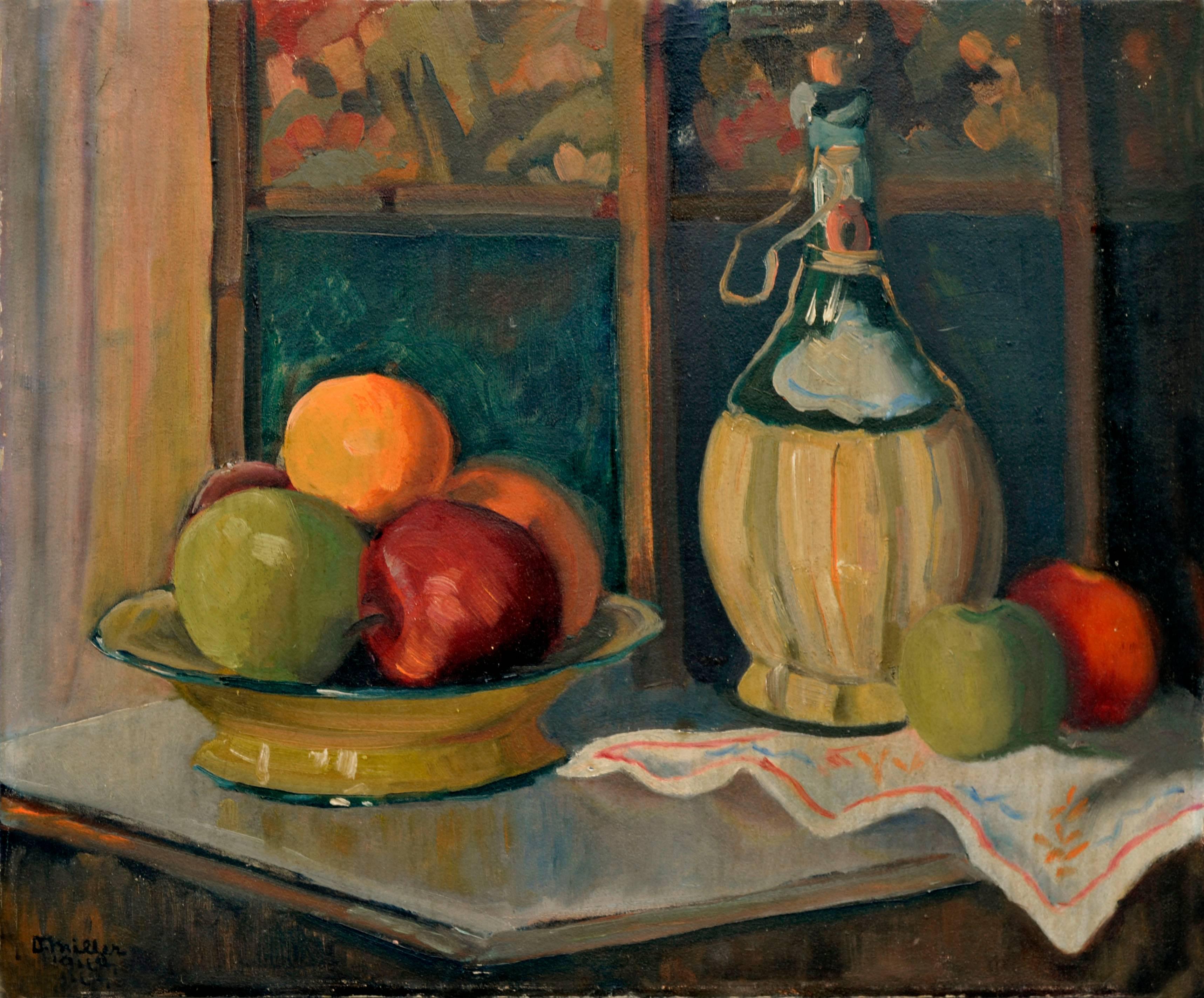 Mid Century Still Life Painting, Fruit and Wine Jug, Signed 1948