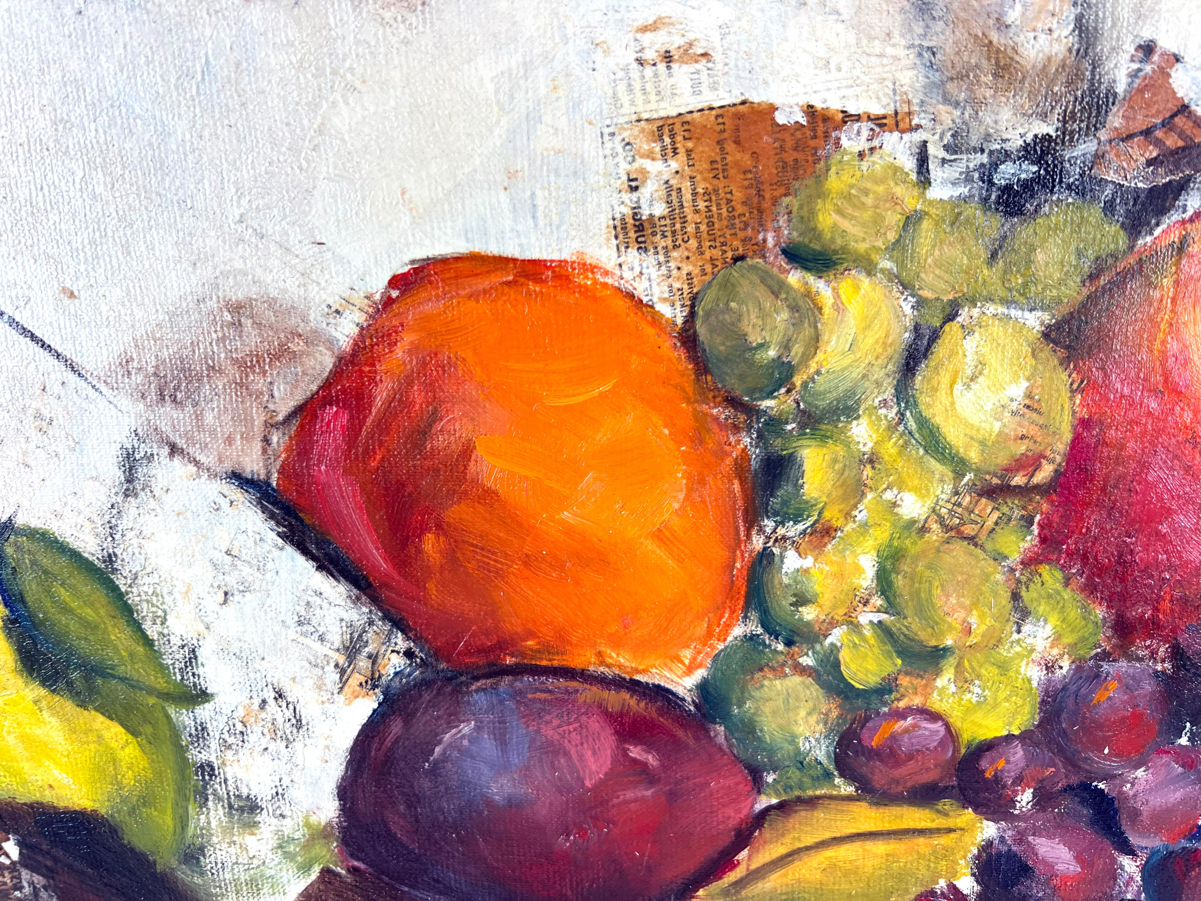 Natura morta di frutta su tavola nello stile di Paul Cézanne - Abstract Painting Beige di Dorothy Milne Eggen