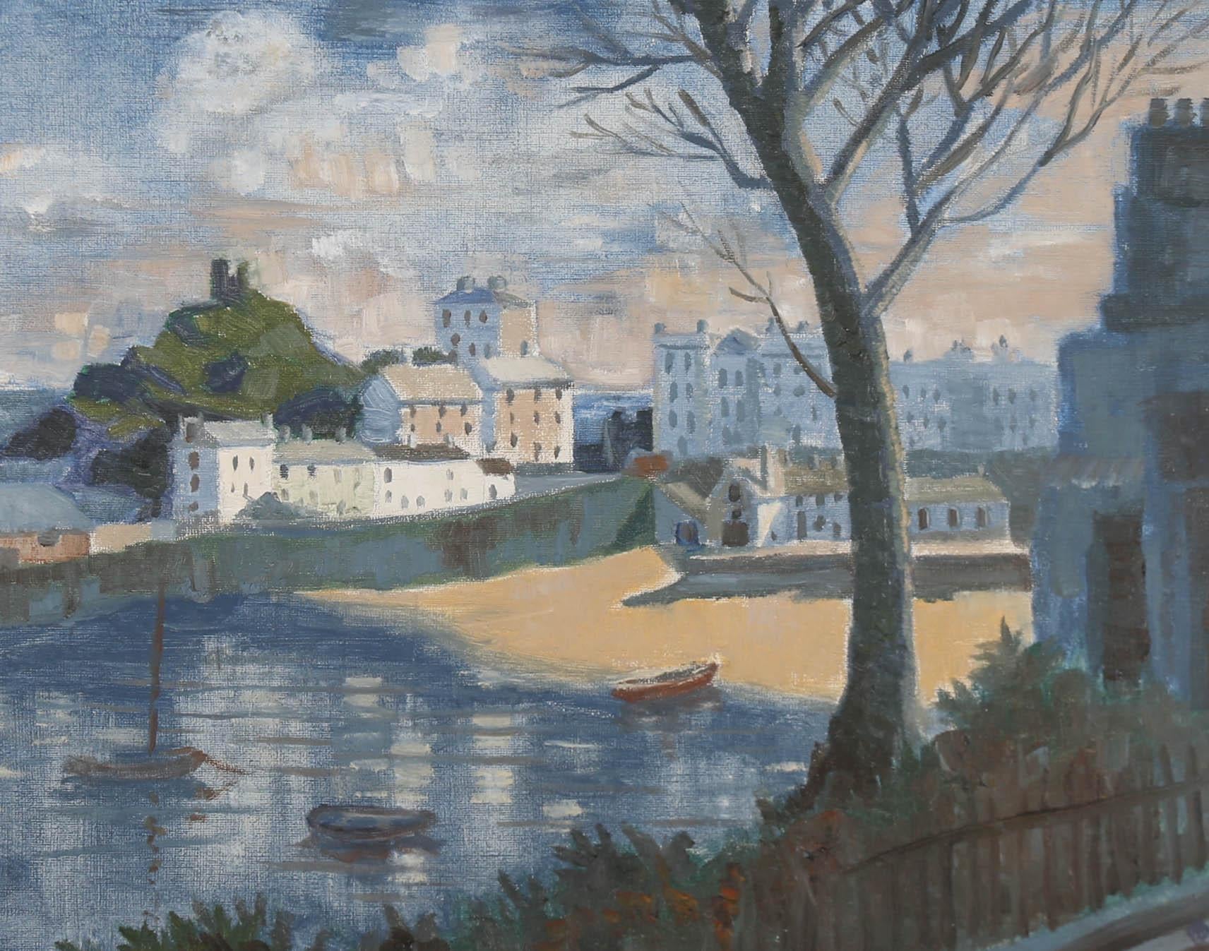 This cool coloured composition depicts the beautiful seaside resort of Tenby, caught during the quiet season. To the far left of the scene, the ruins of Tenby Castle stand immovable on top a small mound of headland overlooking the sandy shores of