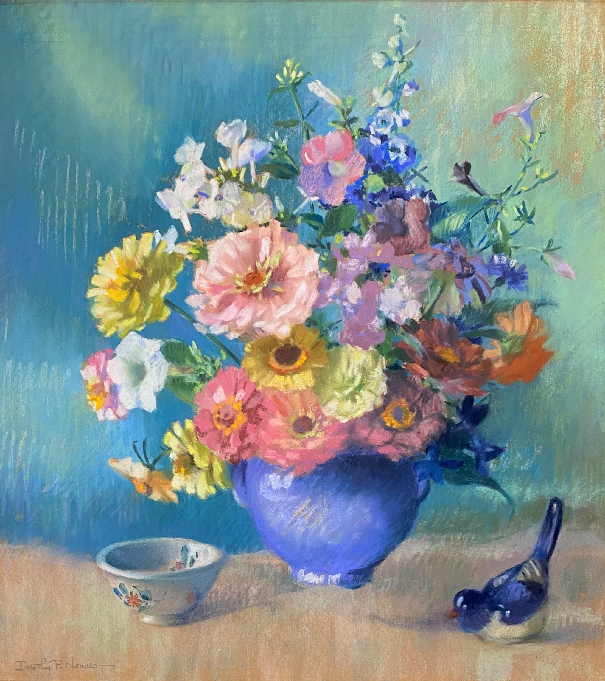 Gemischte Blumen und blauer Vogel – Painting von Dorothy Neaves