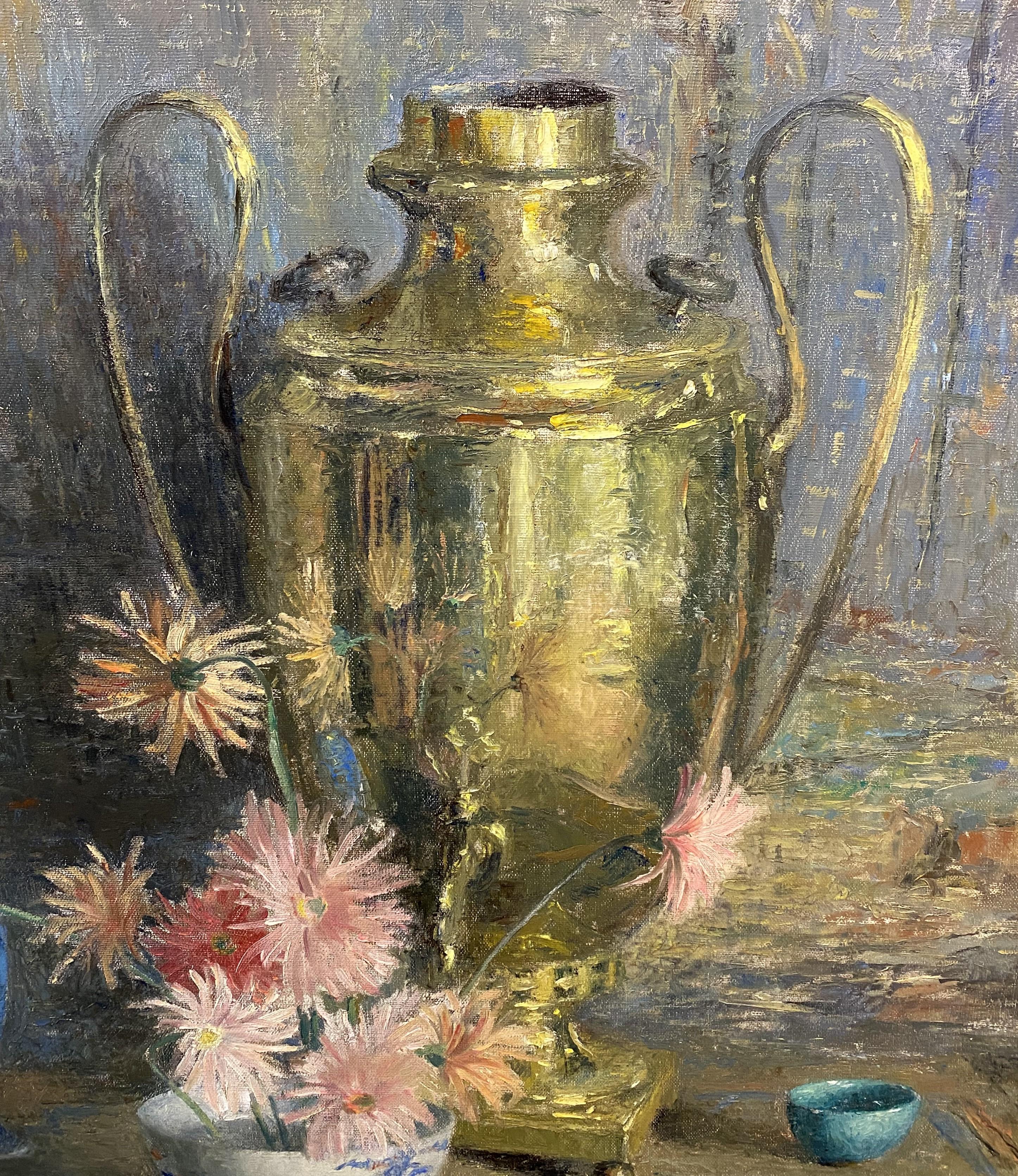 A fine impressionist still life of a samovar amongst flowers on a table by American artist Dorothy Ochtman (1892-1971). Ochtman was born in Riverside, Connecticut, and became a renowned still life, portrait and landscape painter. Her parents were