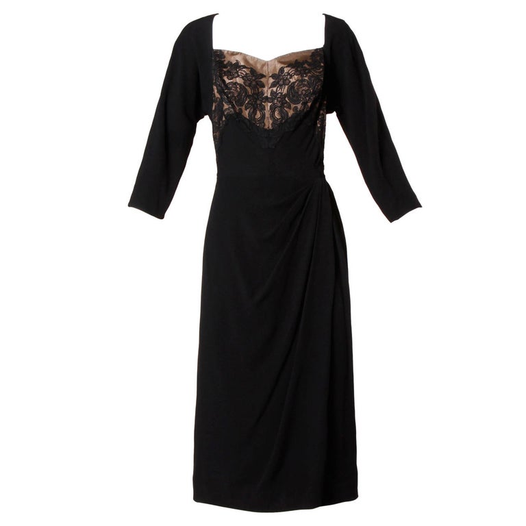 Dorothy O'Hara Vintage Black Lace Cocktail Dress, 1940s For Sale at 1stDibs