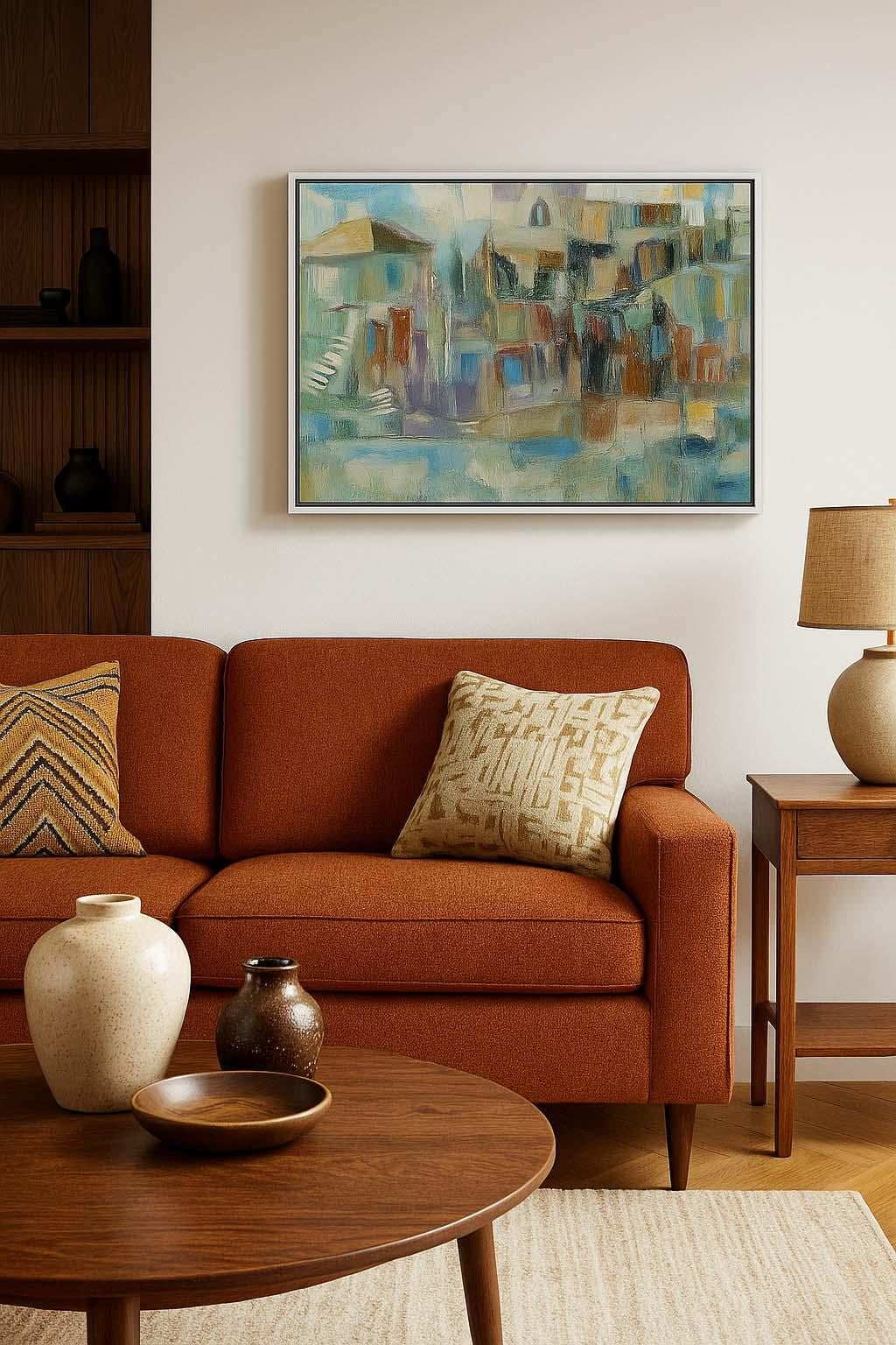 Dorothy Rivo
Untitled (Mediterranean Village), c. 1960s–70s
Oil on canvas
Framed dimensions: 24 in. H × 36 in. W
Presented in a contemporary white floater frame

In Untitled (Mediterranean Village), Dorothy Rivo captures the lyricism of place