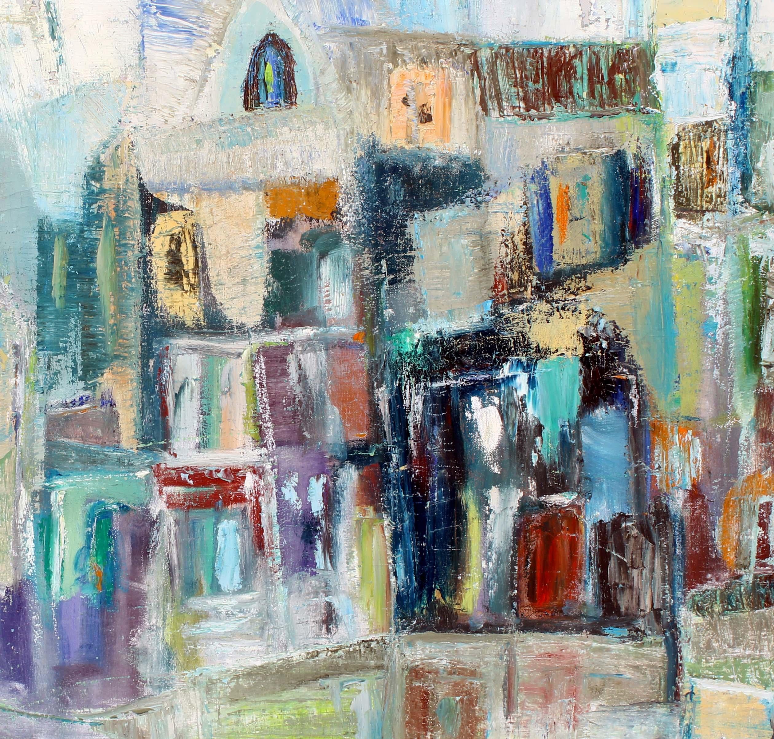 Original Oil Painting American Modern Mediterranean Village Colorful Cityscape For Sale 1