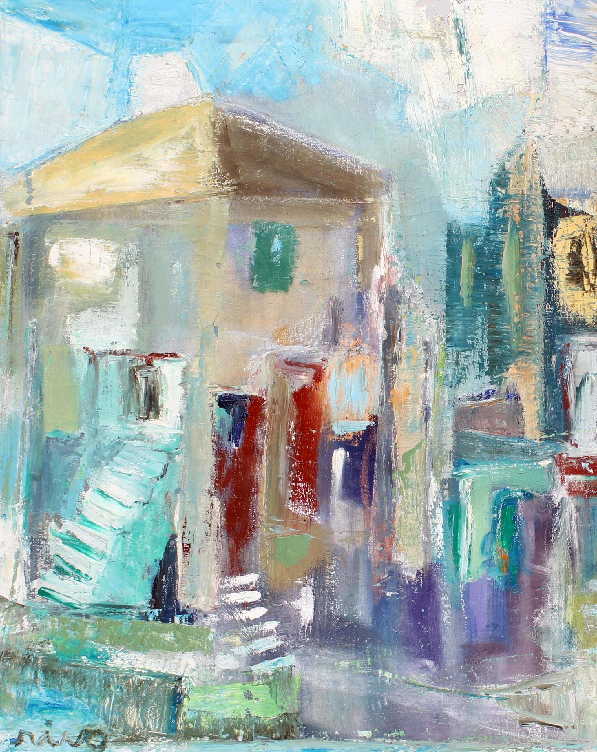 Original Oil Painting American Modern Mediterranean Village Colorful Cityscape For Sale 2