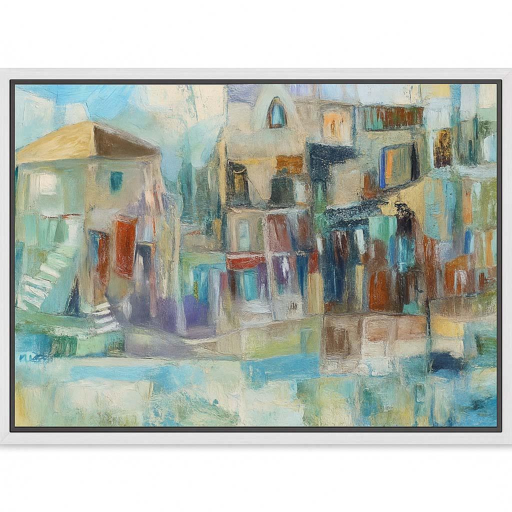 Original Oil Painting American Modern Mediterranean Village Colorful Cityscape For Sale 3