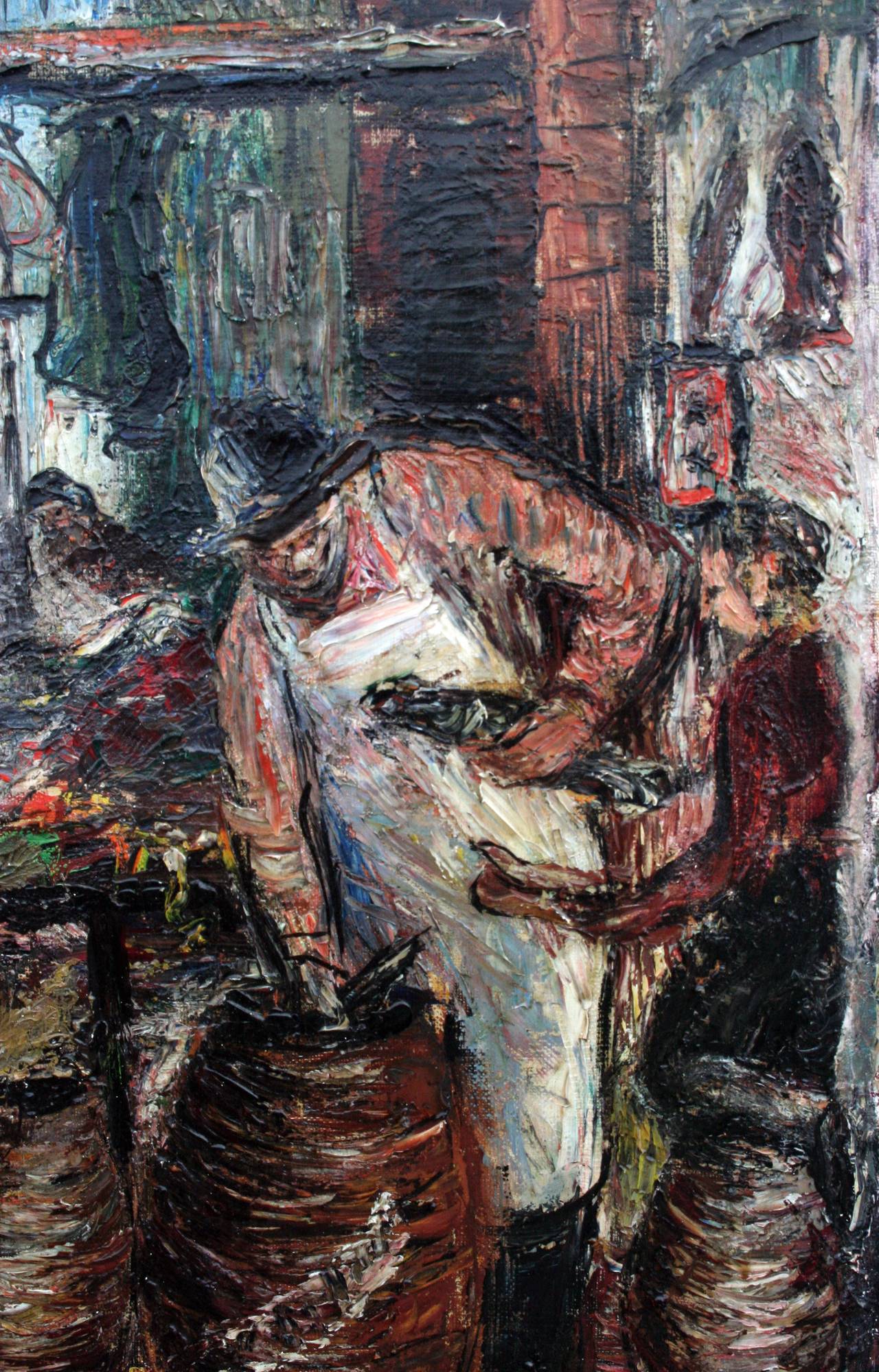 The Fishmonger 1940's New York Impasto Figurative Cityscape - Ashcan School Painting by Dorothy Rossen Greenberg