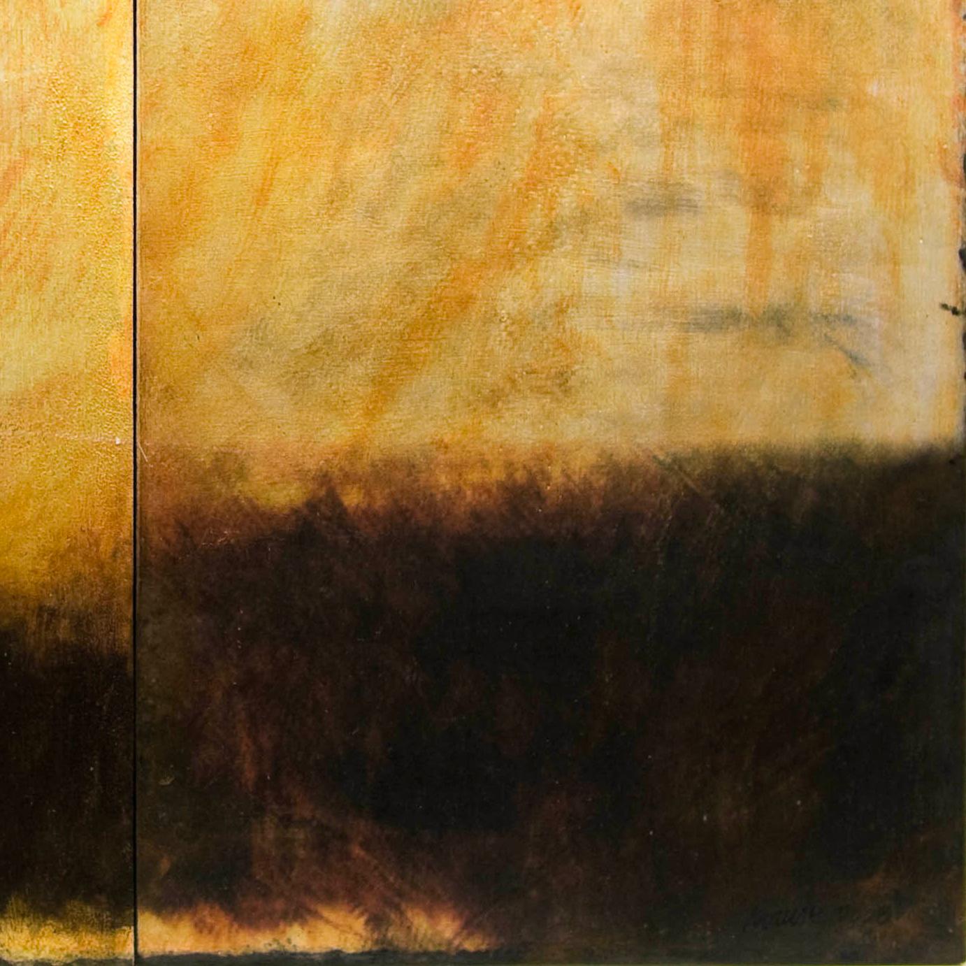 “Silver Rain” is a 24 x 32 inch diptych, an abstract landscape of a brushy, dark mass which gives way to a loose, painterly sky layered with cadmium red orange rainstorm of brush strokes which seem to float on the silver ground.  Krause’ origins as