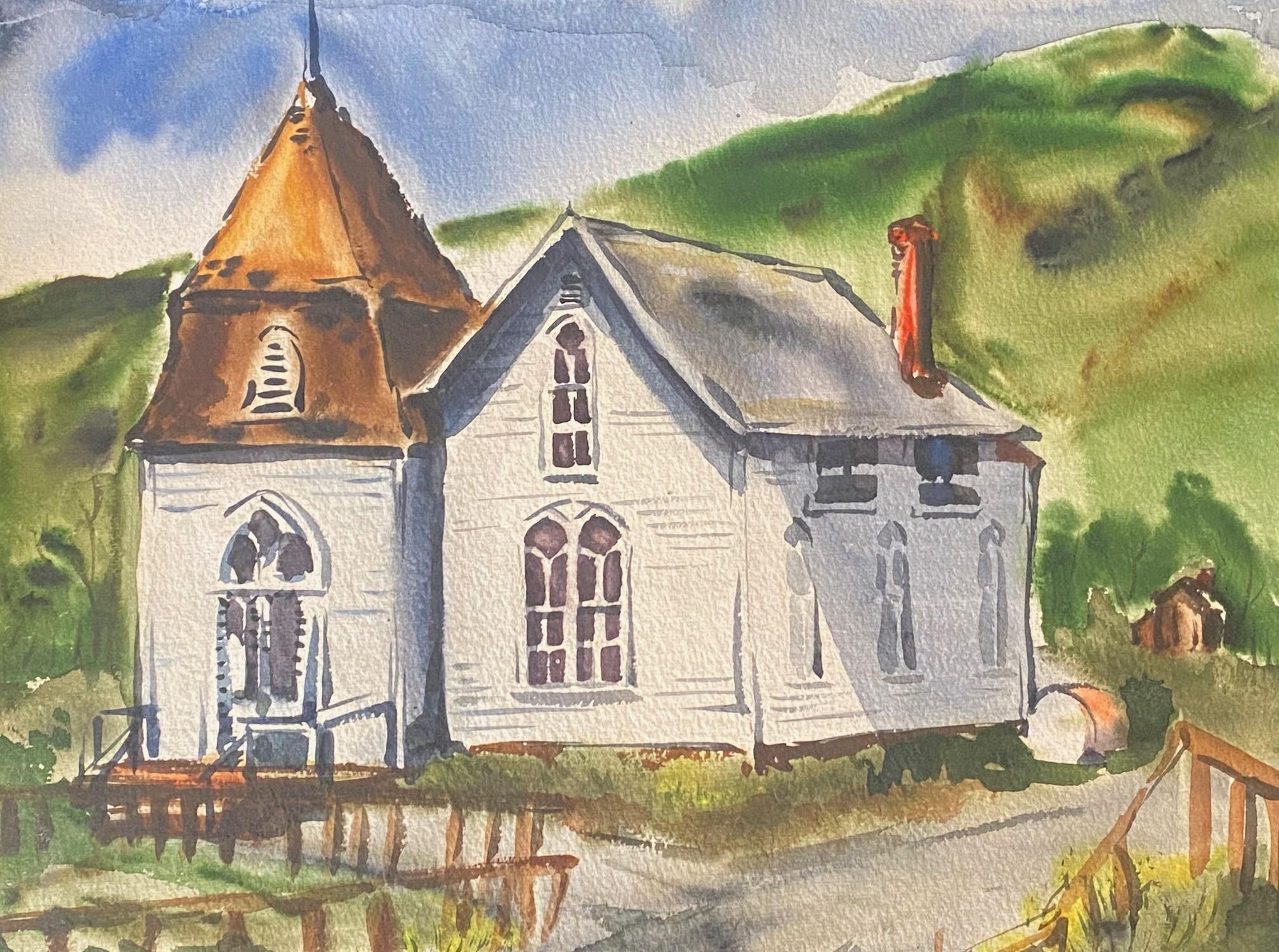 Mid-Century Modern Dorothy Sklar Signed Mid-Century California Original Landscape & Church Painting For Sale