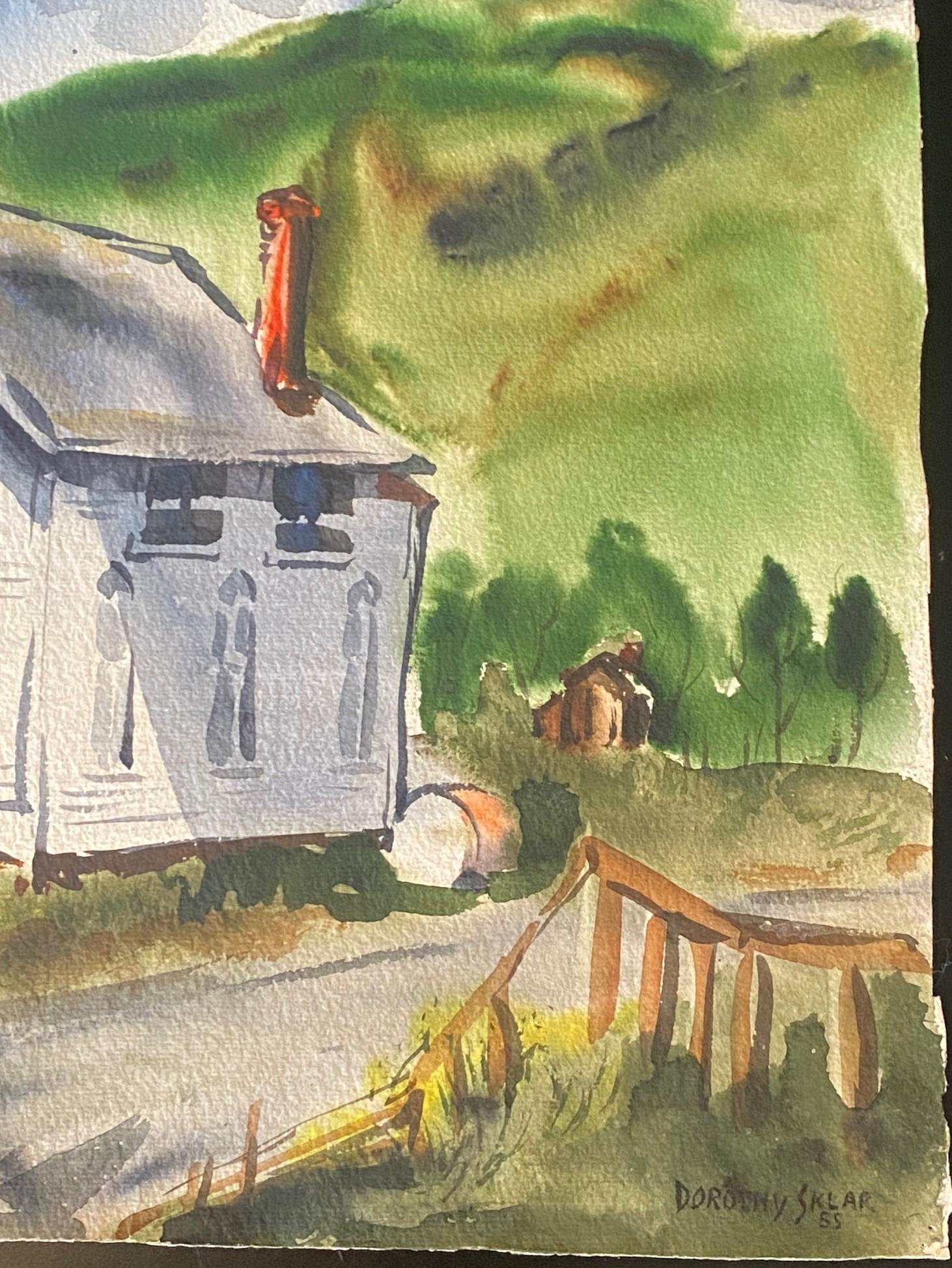 Hand-Painted Dorothy Sklar Signed Mid-Century California Original Landscape & Church Painting For Sale