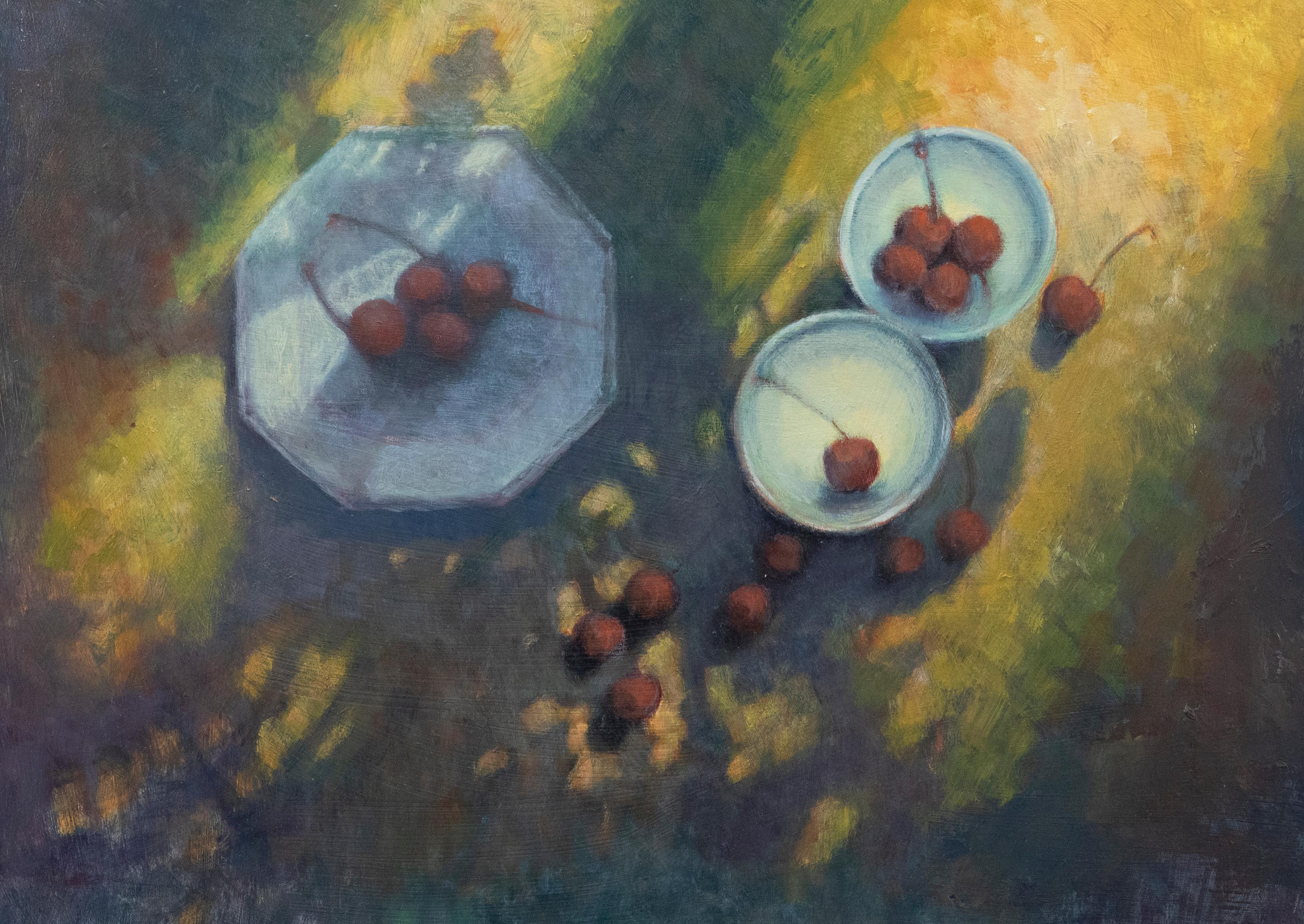 A charming still life study depicting three bowls of cherries sitting in dappled sunlight. the artist captures the scene in in soft brush strokes which give a slight haze to the composition. Unsigned. On board.
