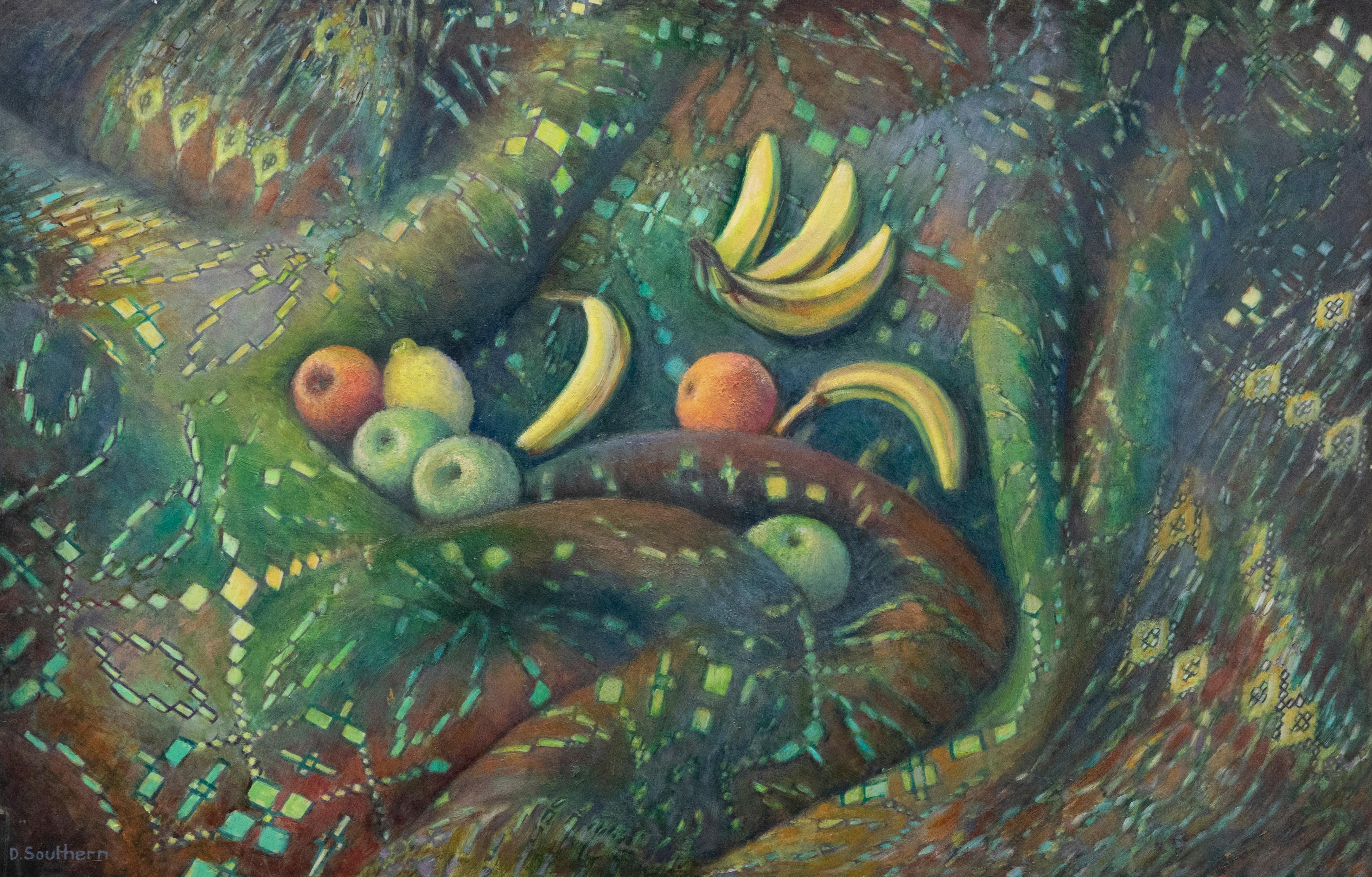 A charming still life study depicting bananas, apples and lemons entwined in patterned fabric. Signed to the lower right. On board. 
