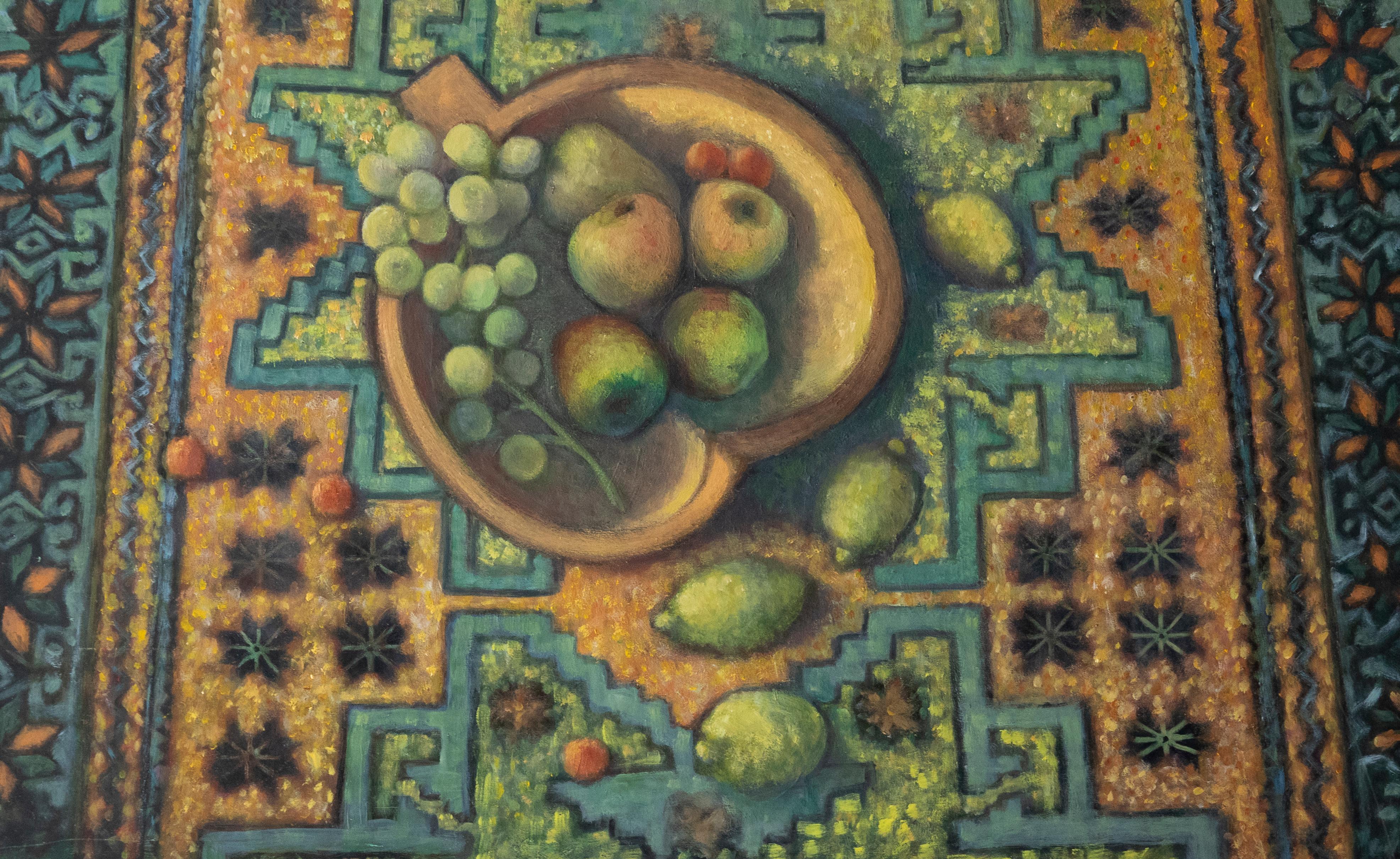 A charming still life study taking inspiration from the Bloomsbury school style. The scene depicts a bowl of grapes and apples surround by scattered lime on a vibrant textile surface. Unsigned. On board.
