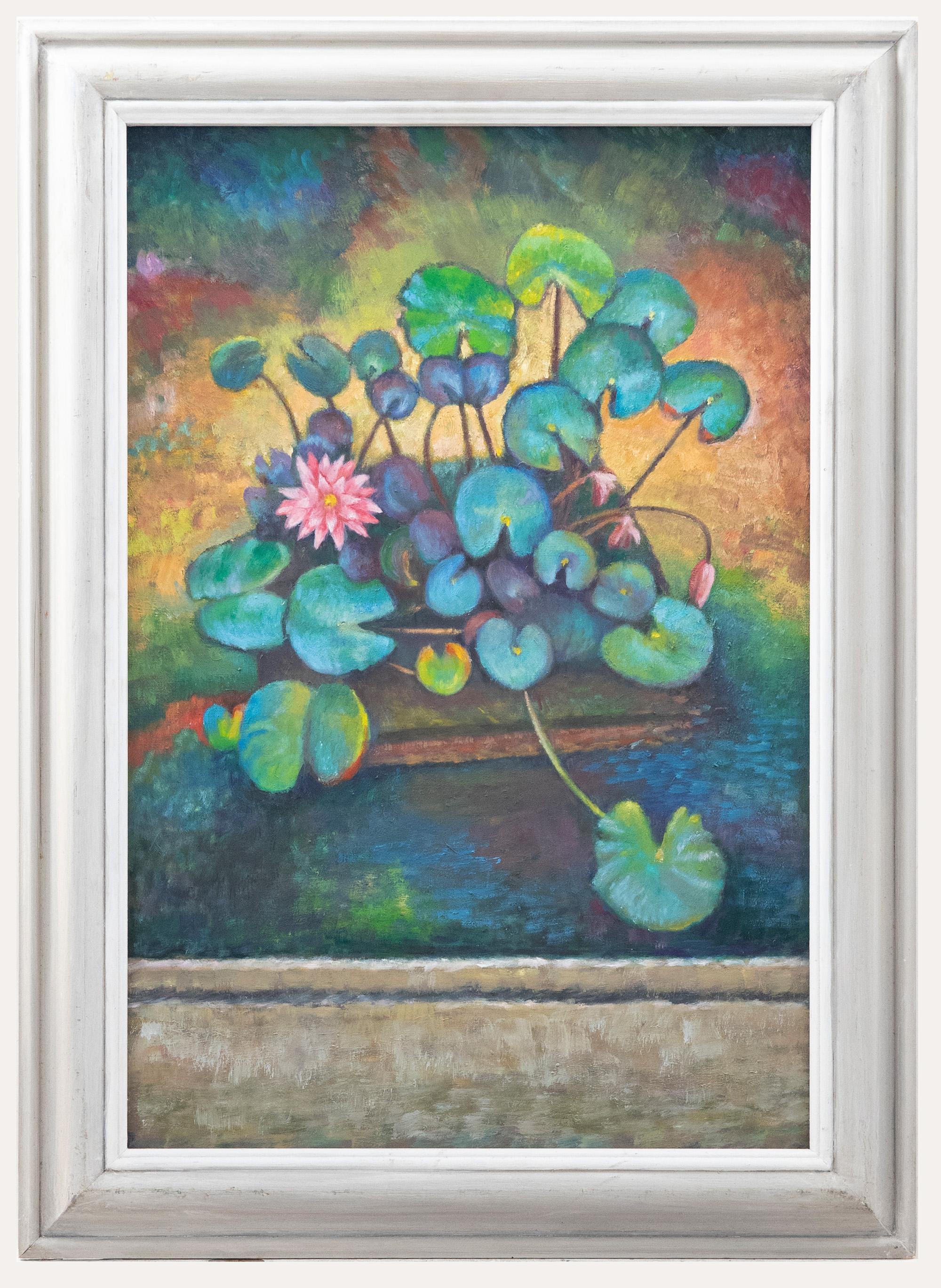 A delightful the oil study depicting water lilies in a planter. Label verso for The Mall Galleries annual RBA exhibition also inscribed with artist's name and title. Presented in a wooden frame. On board.
