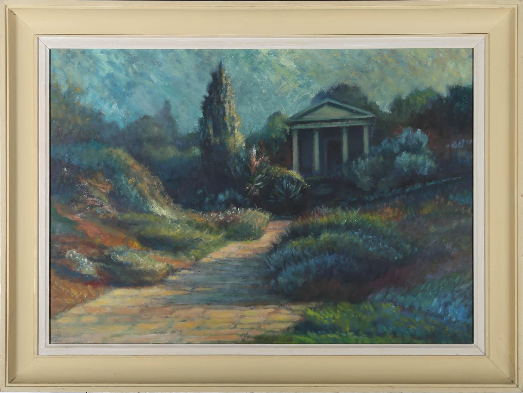 An atmospheric study of aromatic planting at Kew, with King William's Temple in the background. Painted by contemporary artist Dorothy Southern. This particular oil was exhibited at the RBA annual exhibition in 2011. Well-presented in a pale olive