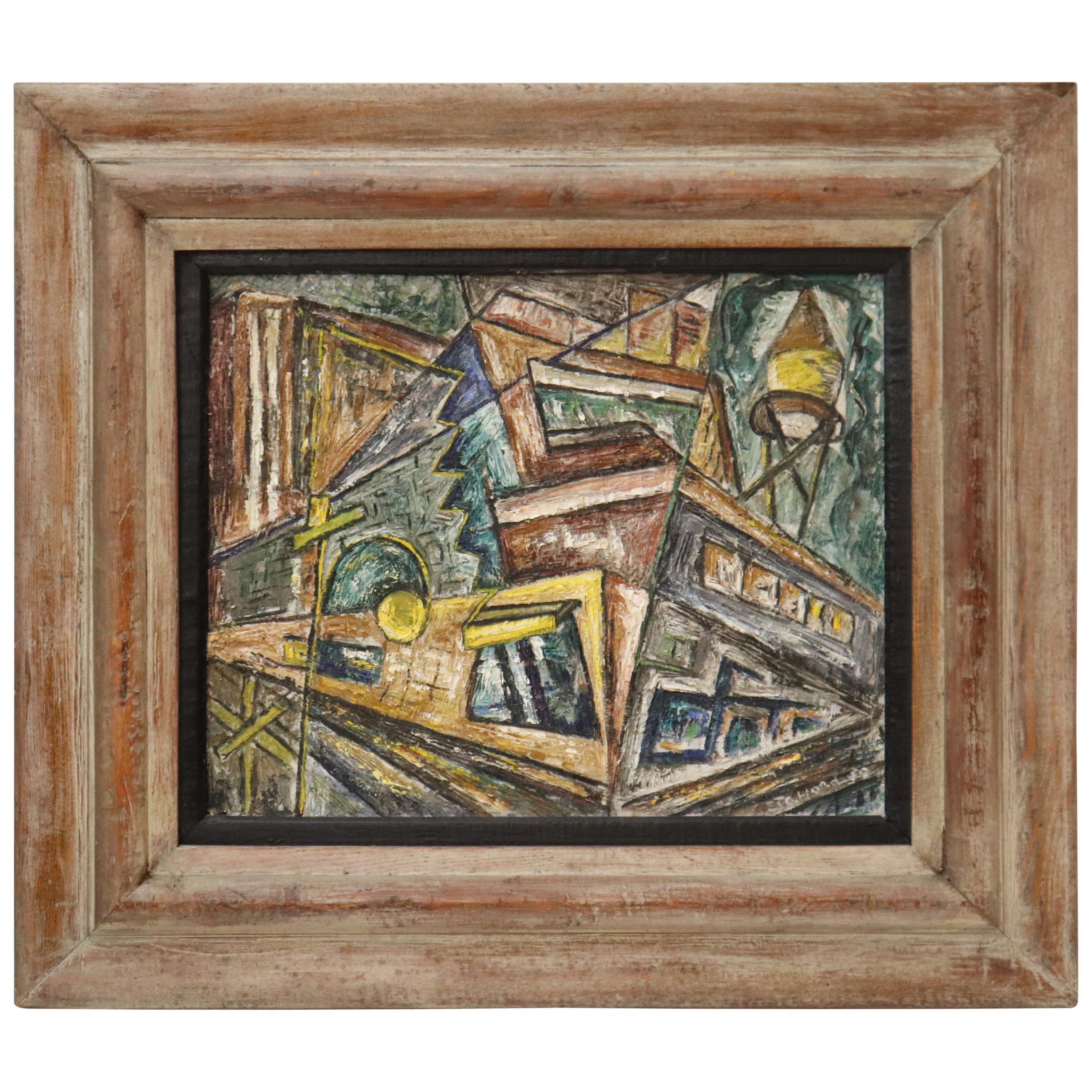 Dorothy Stafford "Factory Corner" Peinture cubiste américaine à l'huile sur toile en vente