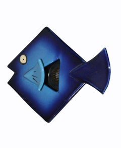 Dorothy Steele Modern Pottery Ceramic Blue Glazed Fish Flower Pin Frog Vase