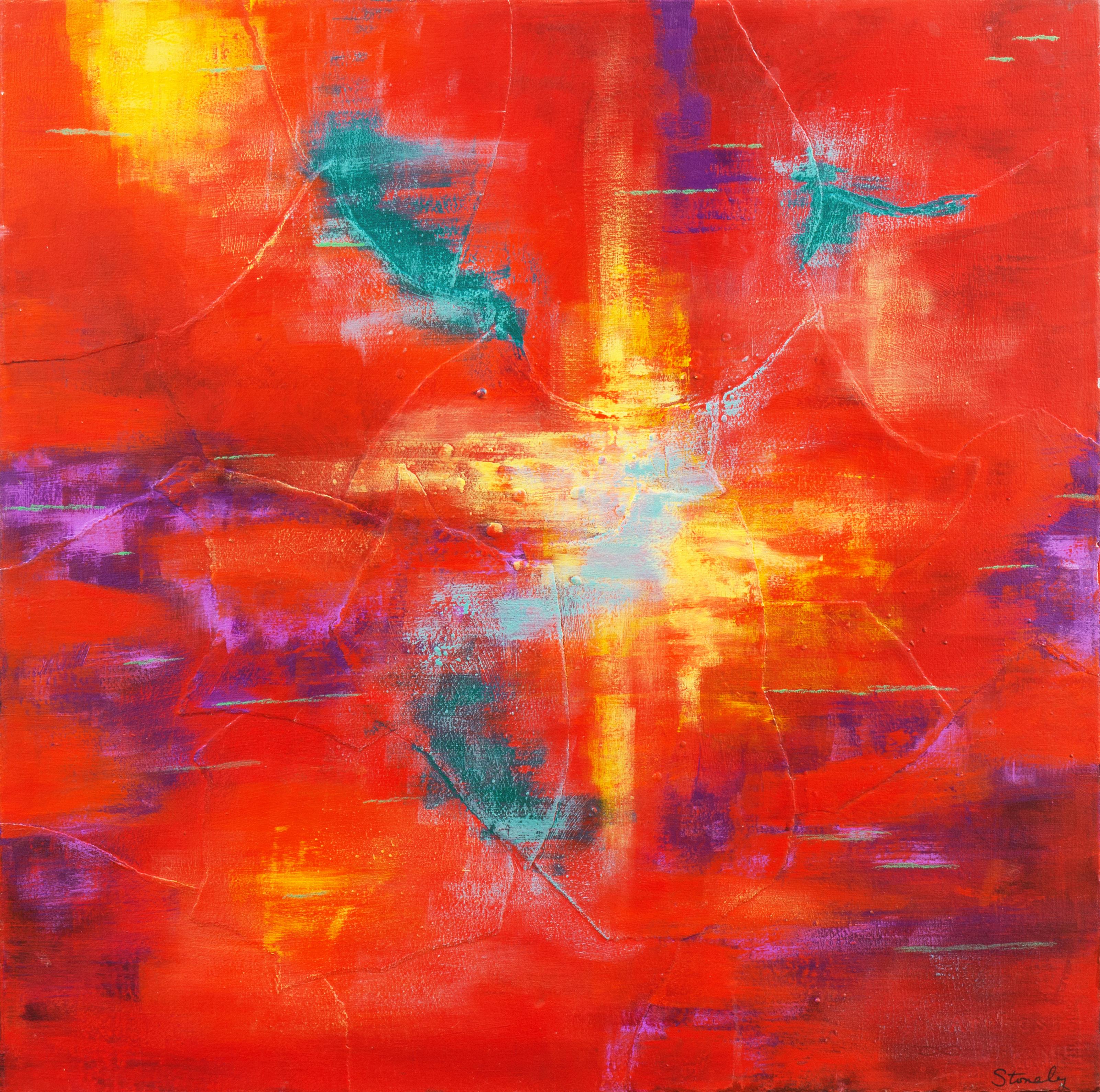 Abstract Painting Dorothy Stonely - « Abstract in Coral and Scarlet », femme artiste, Pacific Grove Art Association
